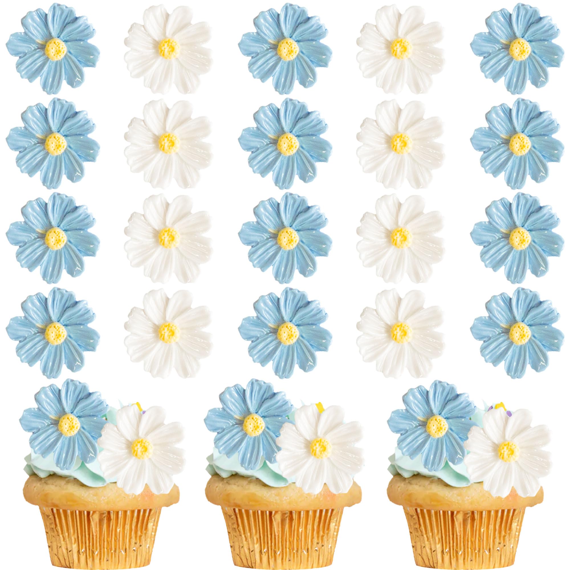 Gyufise 30Pcs Daisy Cupcake Toppers Chrysanthemum Flower Cupcake Picks Gender Reveal Cake Decorations for Baby Shower Gender Reveal Boys Girls Birthday Party Supplies Blue White 4