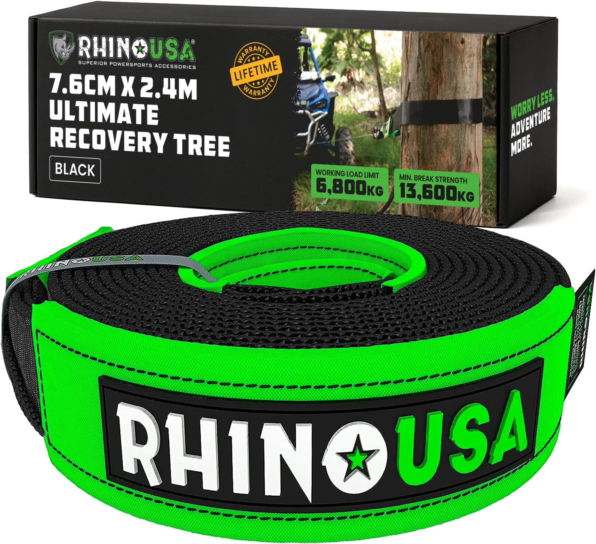 Rhino USA Tree Saver Tow Strap (7.6 cm x 2.4 m) - Lab Tested 13,600kg Break Strength - Heavy Duty Draw String Included - Triple Reinforced Loop Straps - Emergency Off Road Recovery Rope - Black