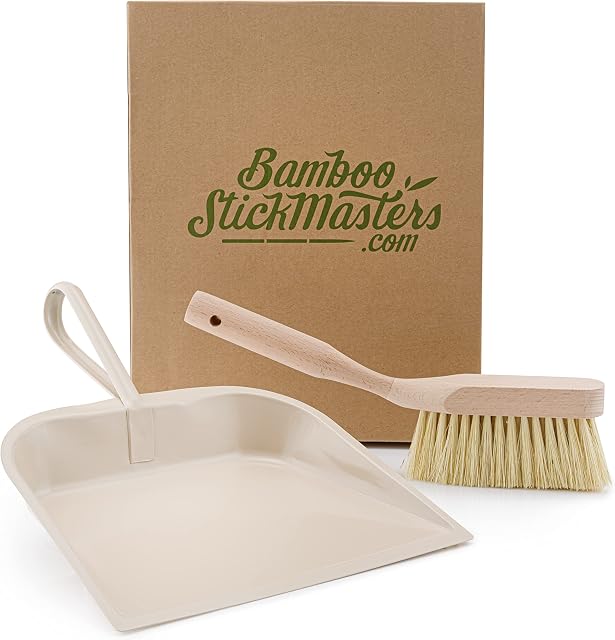 Brush and Pan Set, Metal Pan with Wooden Brush - Natural Bristles with Soft and Firm Grip Handle for Sweeping and Cleaning Kitchen Worktops Tables, Offices, Floors Garbage Sweeping Set in Cream Colour
