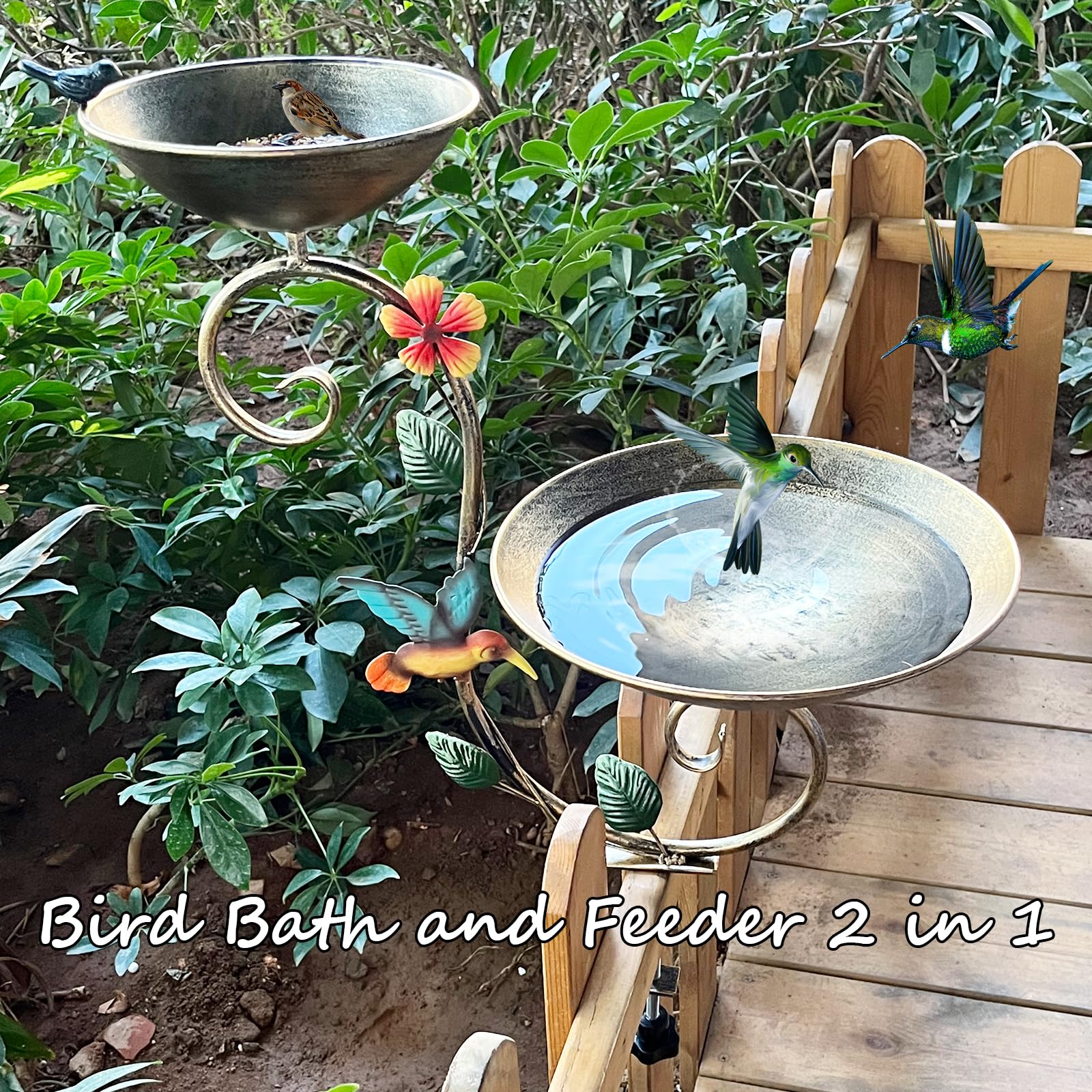 Deck Vogeltränke und Futterspender, Metall Dekorative Vogeltränke für Deckgeländer, Abnehmbare Balkon Vogeltränke, Antik Gold Vogeltränke mit verstellbarer Klemme für den Außenbereich,