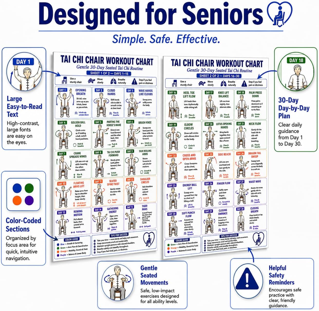 Andaz Press Tai Chi Chair Workout Chart 2-Pack, Gentle 30-Day Seated Tai Chi Routine Poster Set for Seniors & Beginners, Easy-to-Read Chair Exercise Wall Chart, 12 x 18 Inch Unframed
