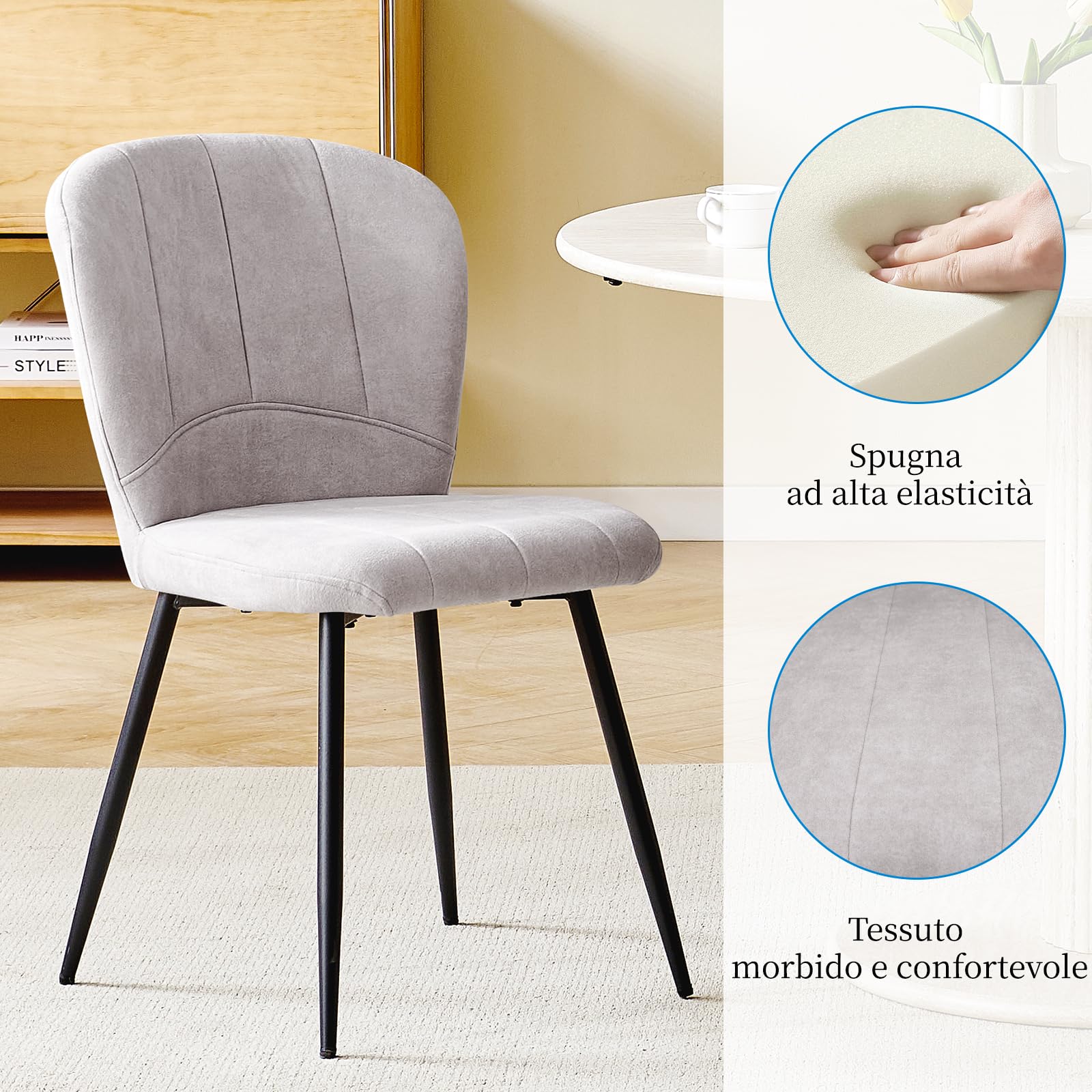 Set di 6 Sedie Sala da Pranzo, Sedie da Cucina, Sedia Imbottita, Schienale in Tessuto con Gambe in Metallo Nero per Sala da Pranzo, Cucina, Grigio Pallido.