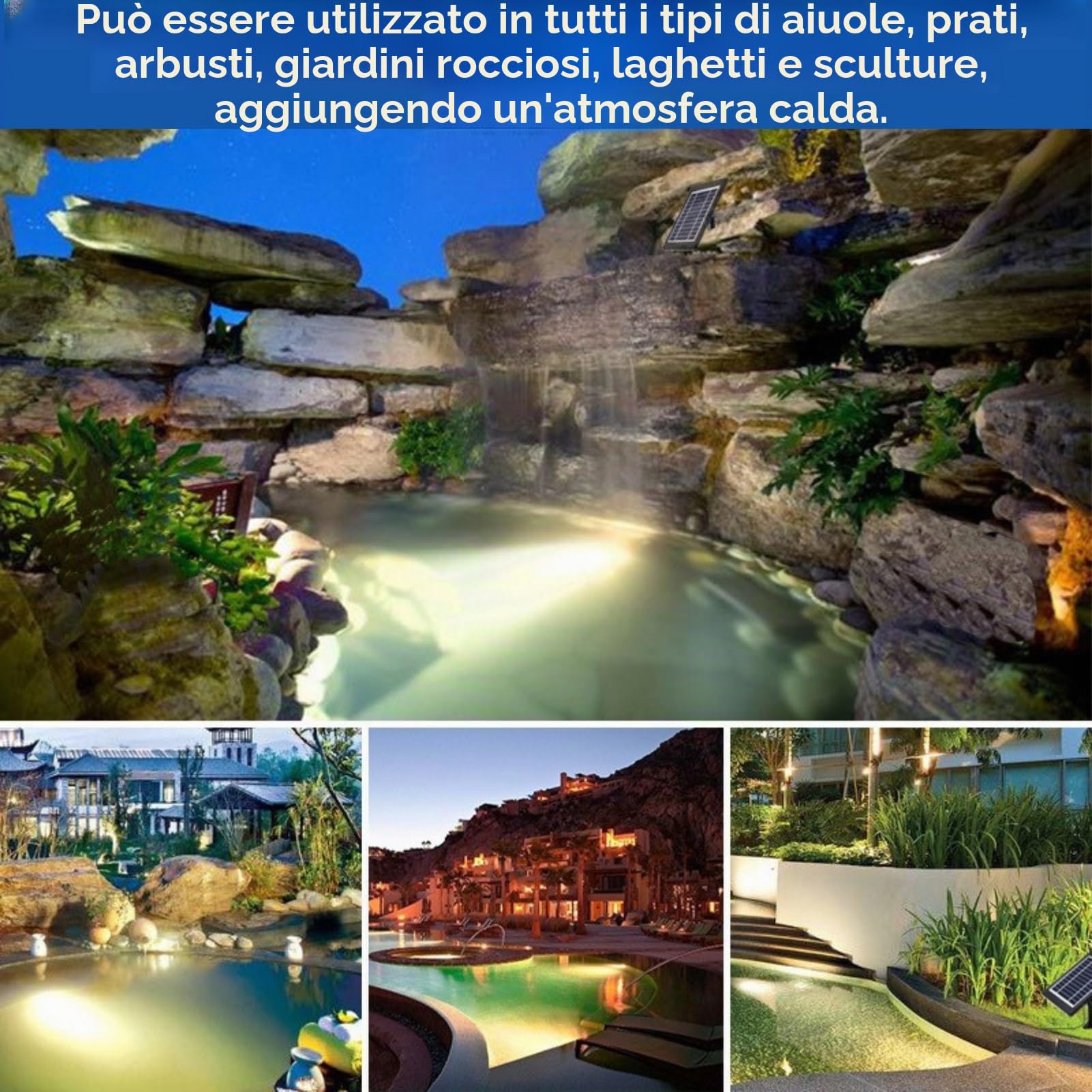 Jadeshay Luce Piscina Pannello Solare Policristallino 6V/2W Laghetto da Giardino Esterno con 1W 3 Lampade Faretto Paesaggistico Impermeabile per Laghetto da Giardino