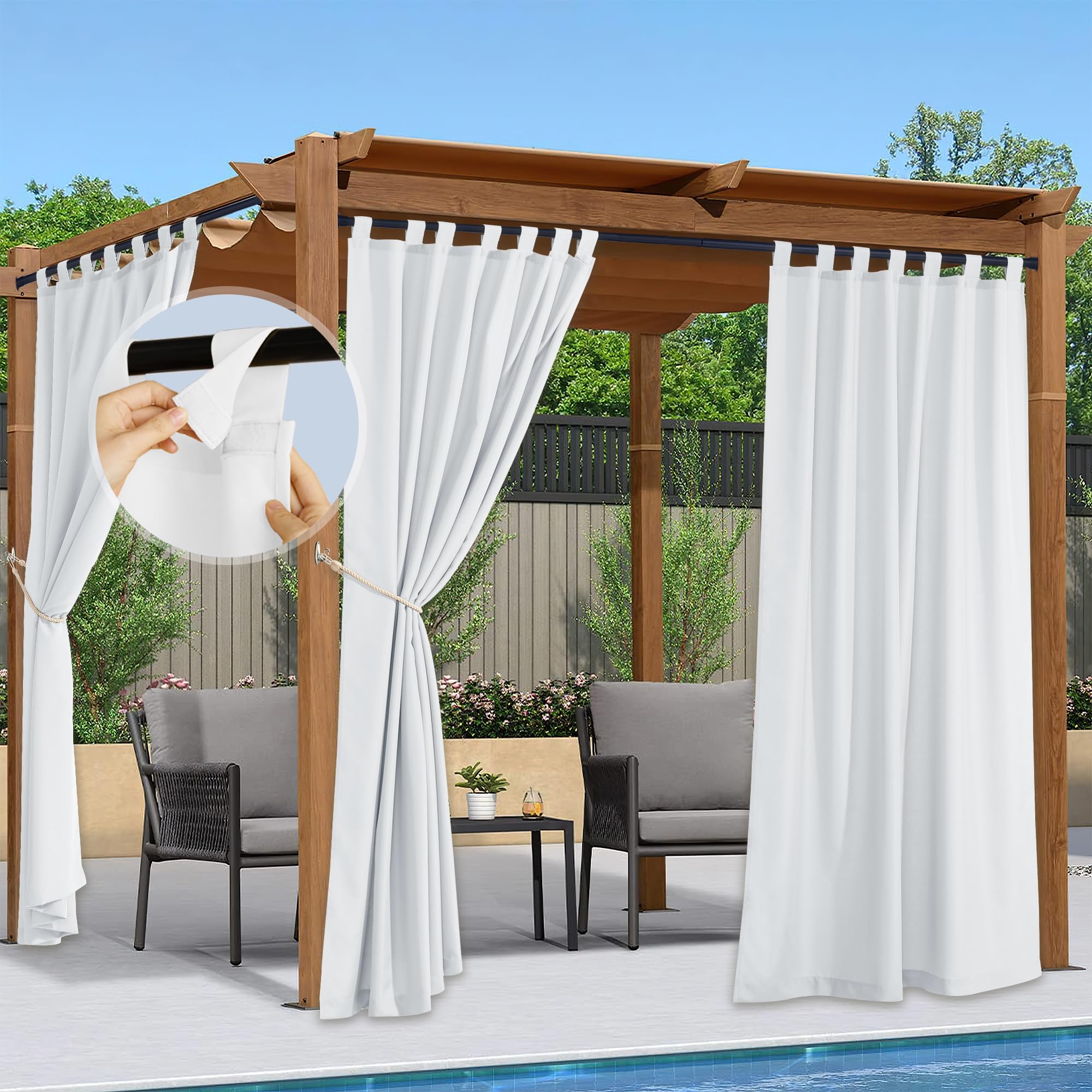 PONY DANCE Rideau Extérieur Terrasse - Rideau Impermeable avec Pattes Réglable Isolation Thermique Lumière Bloquer pour Pergola Jardin Patio, L 140 x H 240 cm, Blanc, 2 PCs