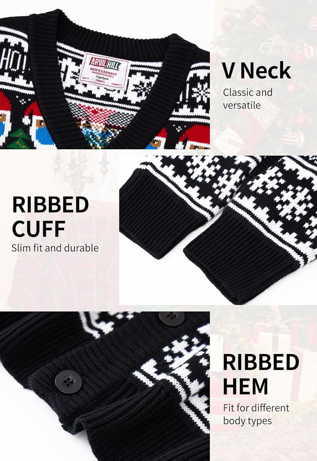 Arvilhill Men's Christmas Cardigan Merry Xmas V Neck Button Knitted Sweater (S-XXL) - Image 6