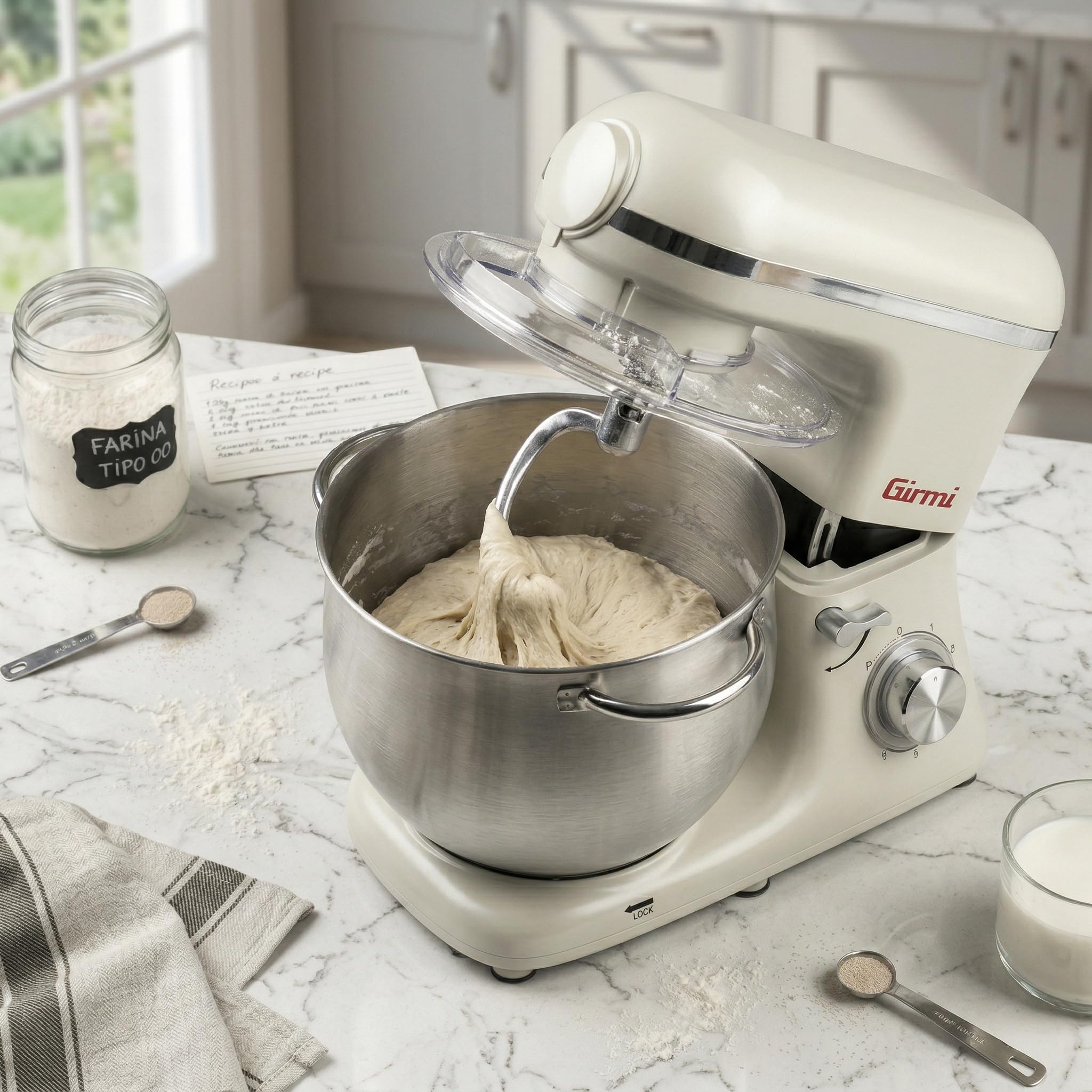 Girmi IM50W Impastatrice Planetaria 8 Litri, Contenitore INOX con Maniglie, 2200W (max), 6 Velocità + Pulse, Accessori Inclusi, Beige