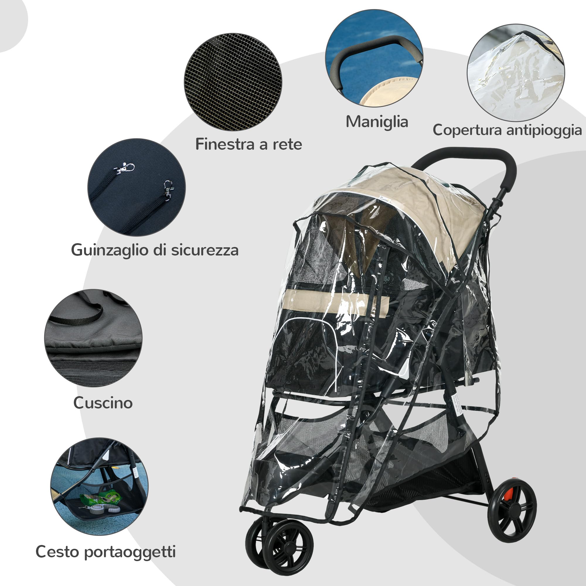 PawHut Passeggino per Cani Piccoli e Mini a 3 Ruote, Passeggino per Animali Pieghevole con Copertura Antipioggia, Cestino e Guinzaglio, Cachi