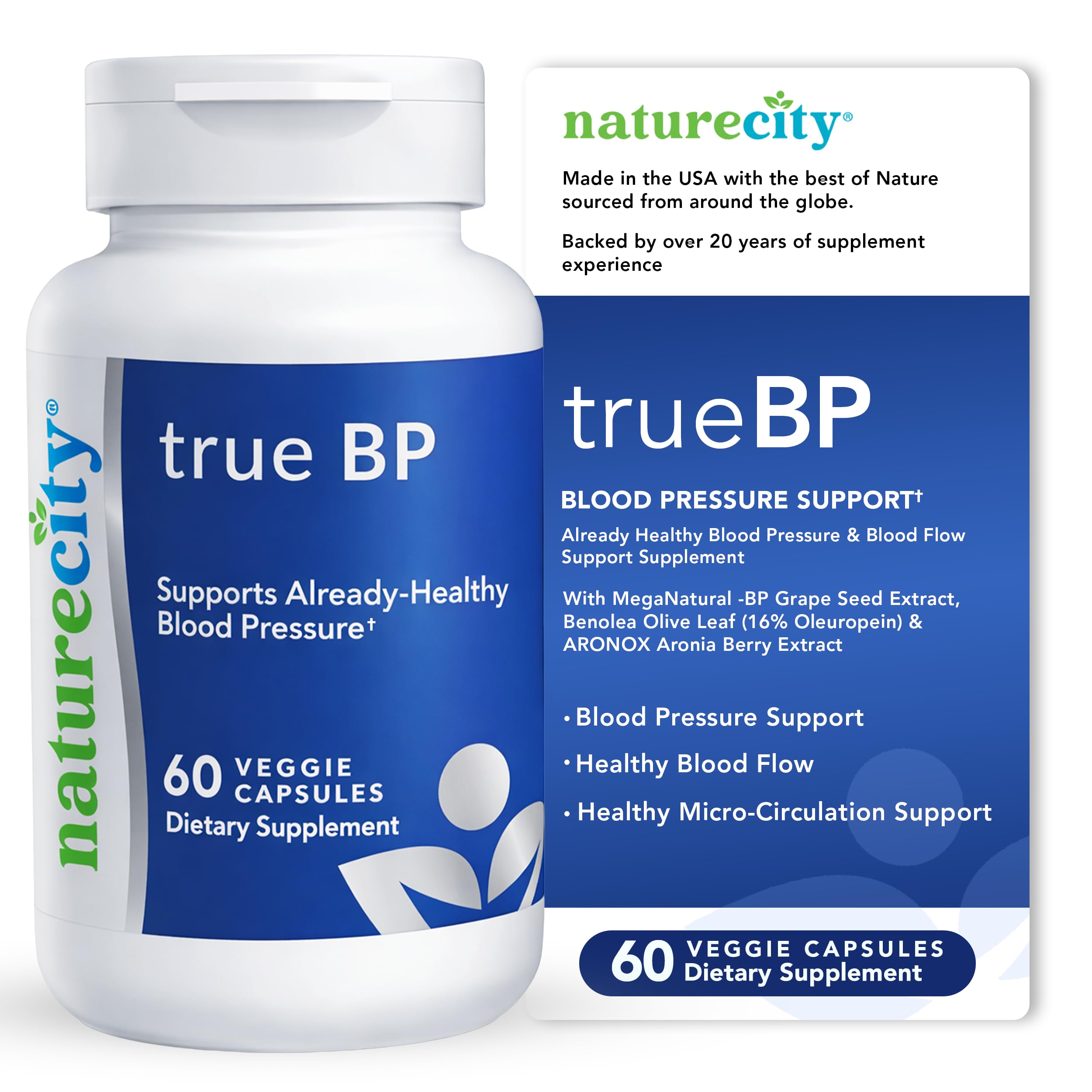 NatureCity True-BP | Supplements to Support Blood Flow for Heart Health | MegaNatural-BP 80mg 16% Oleuropein (60 Veggie Capsules) Non-GMO, Gluten Free