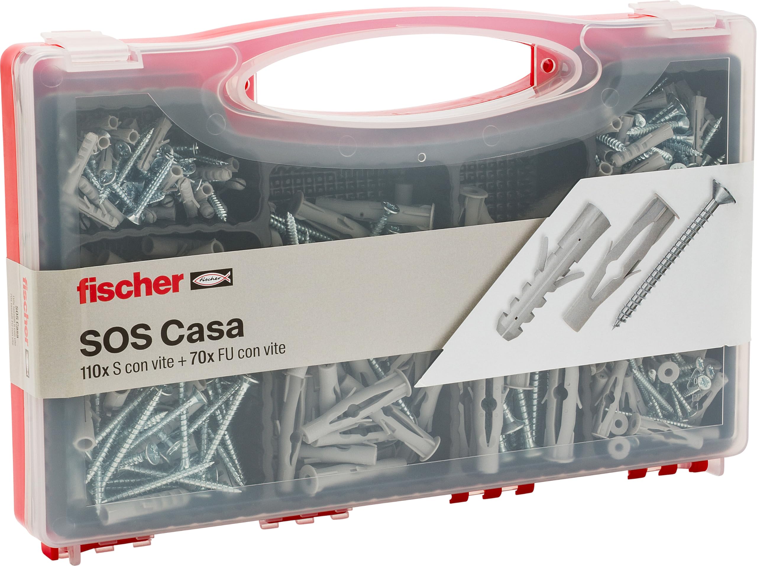 Fischer 71080 Sos Casa Piece Dowels and Screws Kit for Solid Wall and Perforated Brick, Grey, 180 PZ, Set of 190