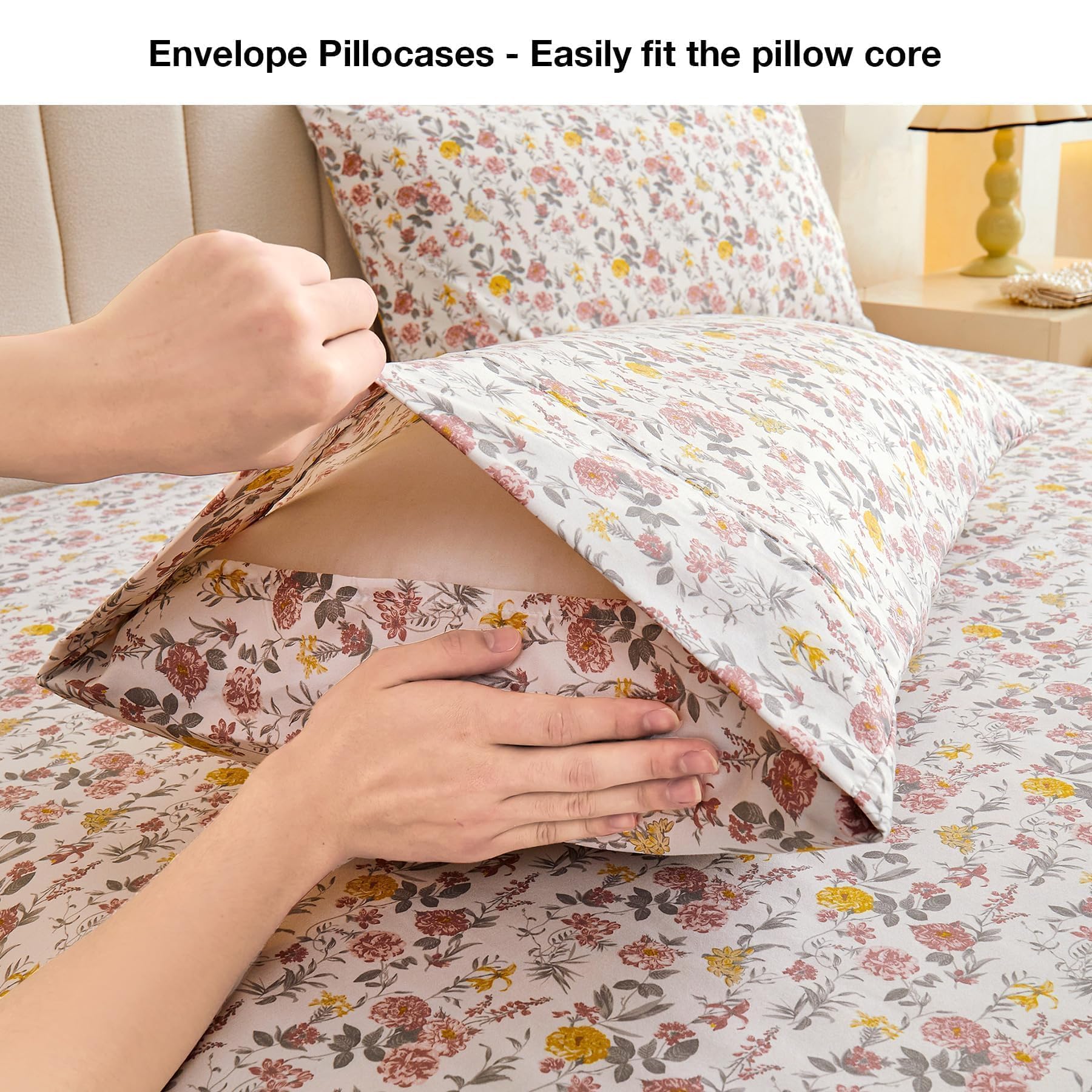 Juego de sábanas de 4 piezas con estampado de flores rosas y amarillas vintage, sábanas de microfibra suave y transpirable con bolsillo profundo, sábanas bajeras y fundas de almohada 6