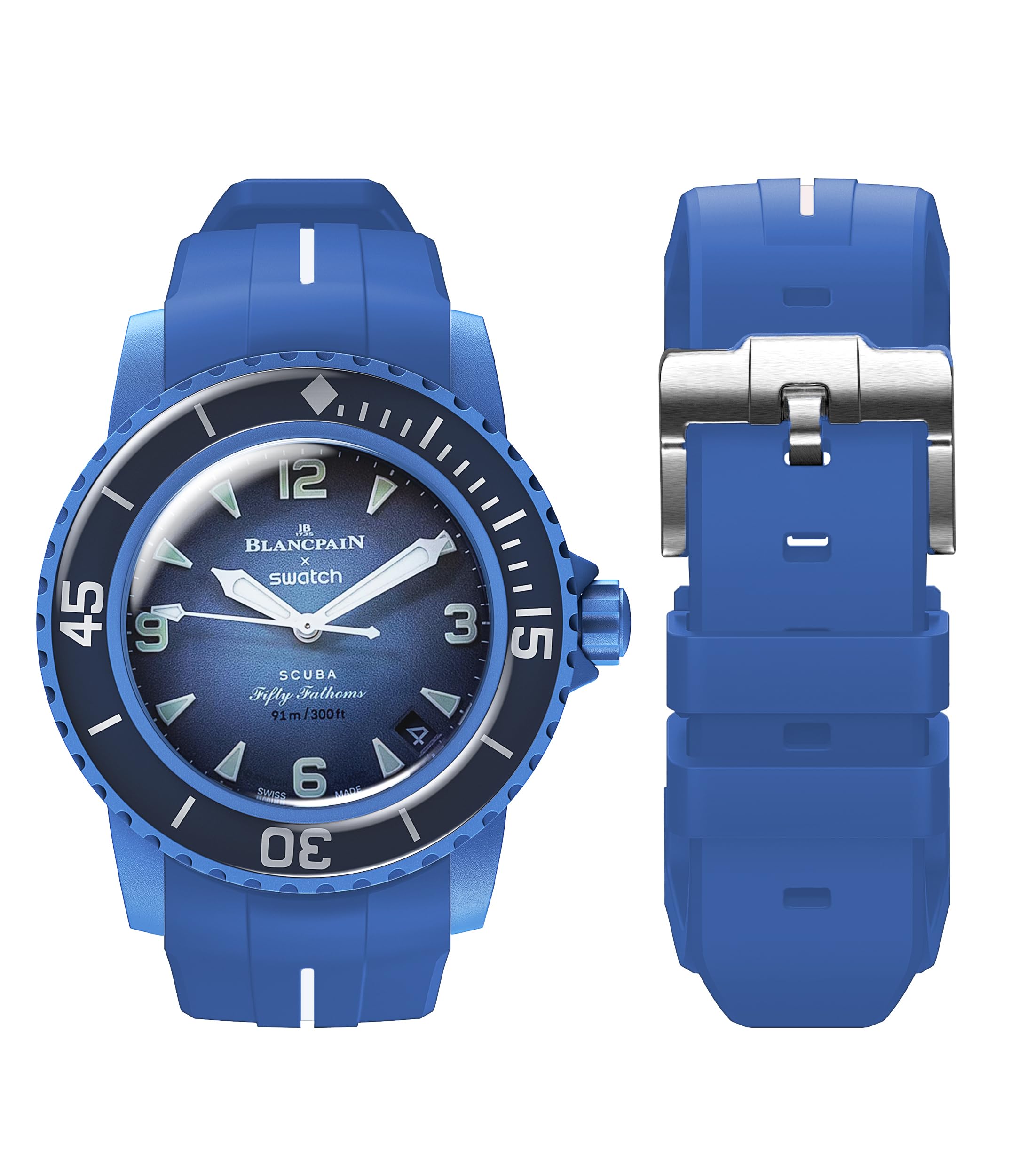 BONACE Strap for Blancpain Swatch,Curved Soft Rubber Waterproof Replacement Strap for Swatch Blancpain Fifty Fathoms,22mm Quick Release Band for Blancpain x Swatch Men Women with Remove Tool Kit (Blue white line)
