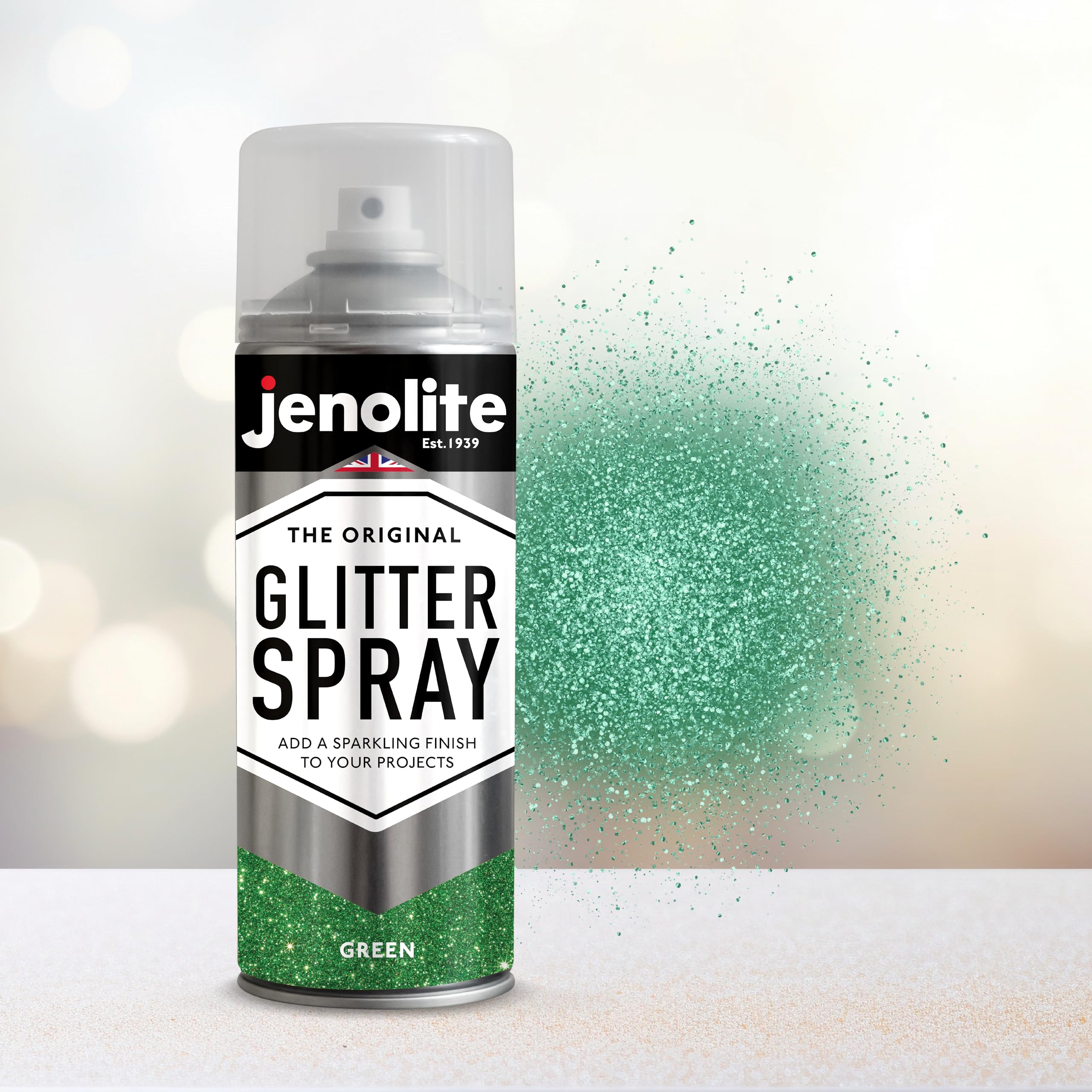 JENOLITE Pintura en aerosol con purpurina | VERDE | Pintura con purpurina de colores | Multisuperficie | Ideal para Marcos de Fotos, Espejos, Adornos y Manualidades | 3 x 400ml