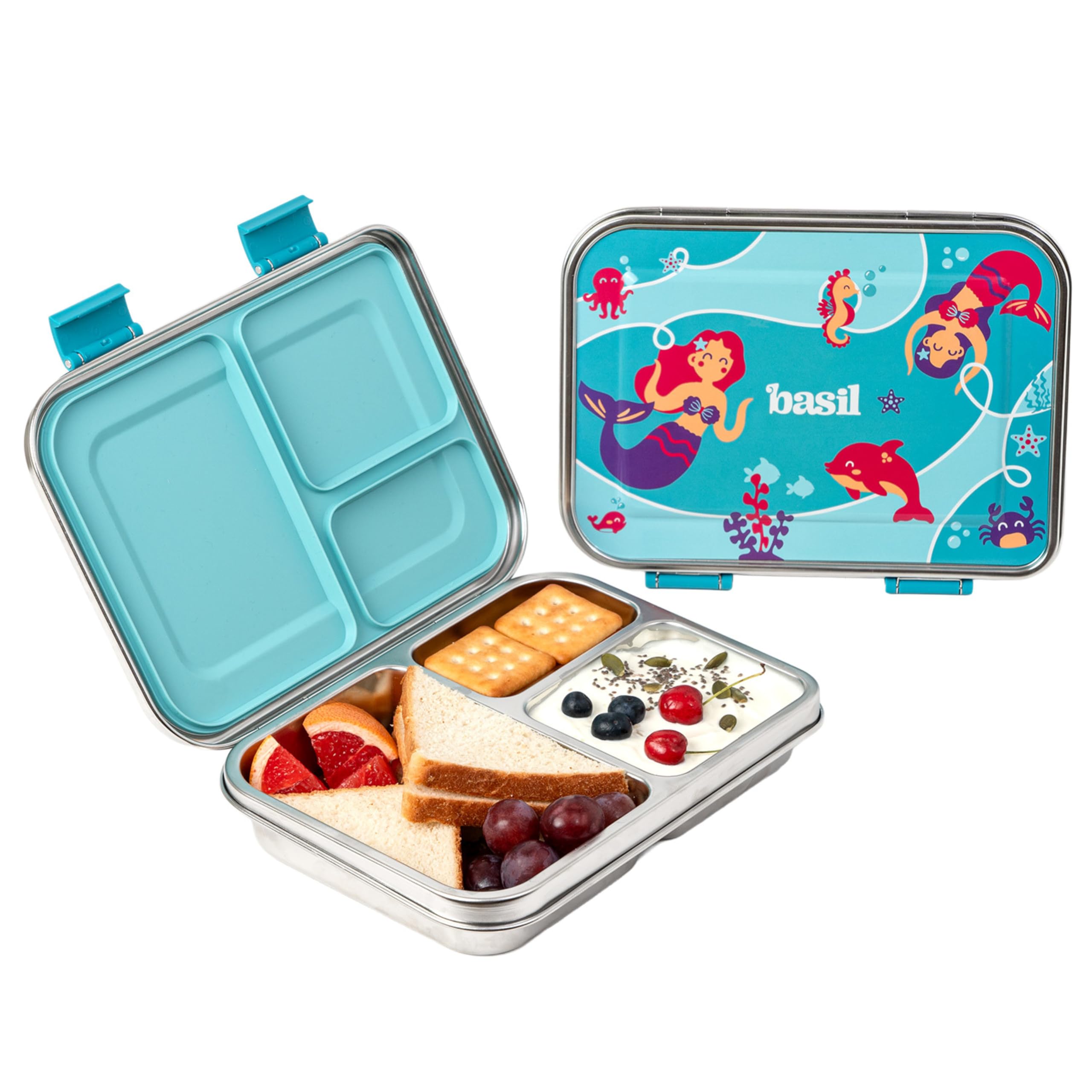 Basil Bento Box Neo 2025 - New & Improved, Easy to Open & Close 975 ml 3-Compartment Stainless Steel Lunch Box for Kids | Leak-Proof Tiffin Box for School - Aqua Mist