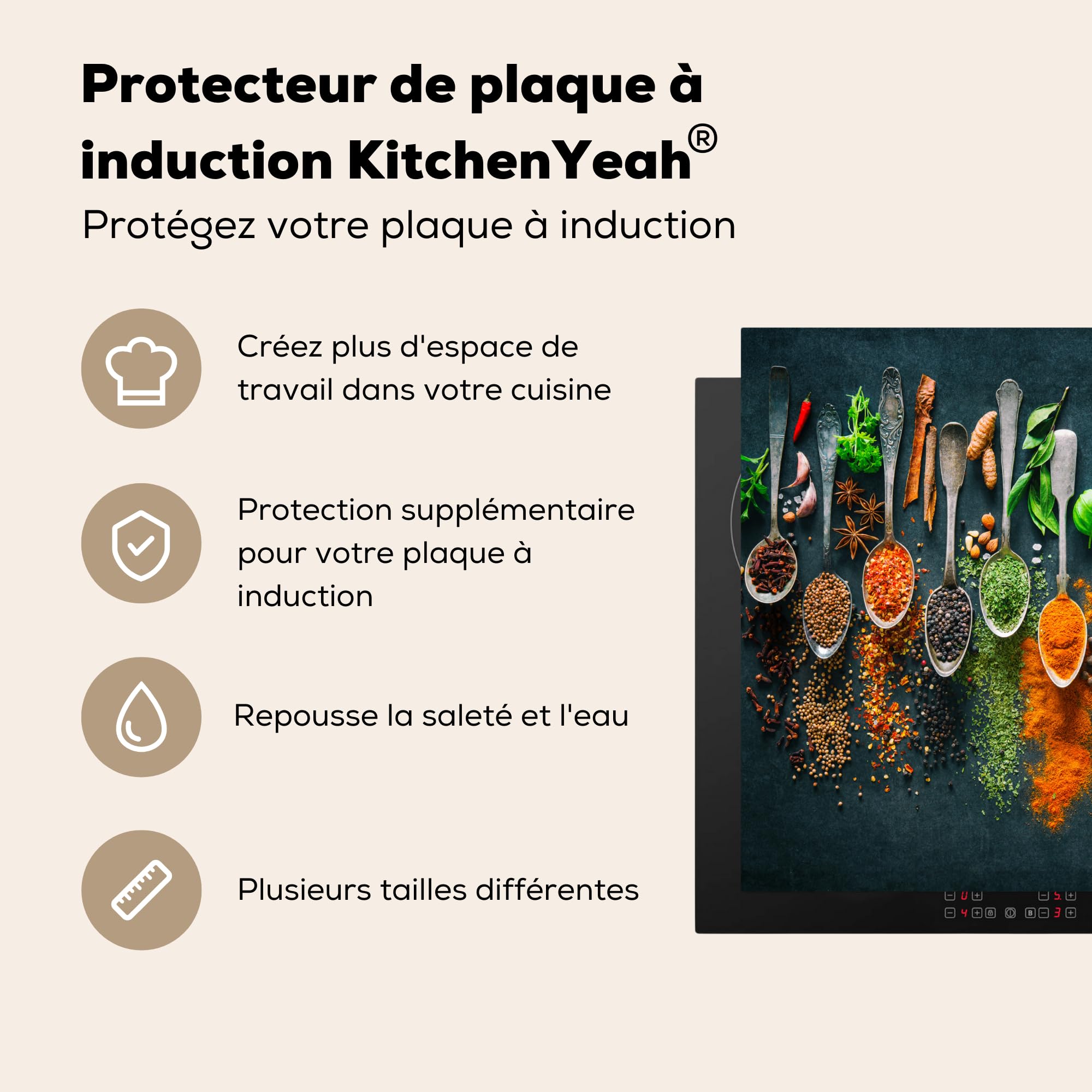 KitchenYeah© Protege Couvre Plaque De Cuisson Décoration Cuisine Tapis Protection Protecteur Induction 59x52 cm Herbes - Epices - Cuillères