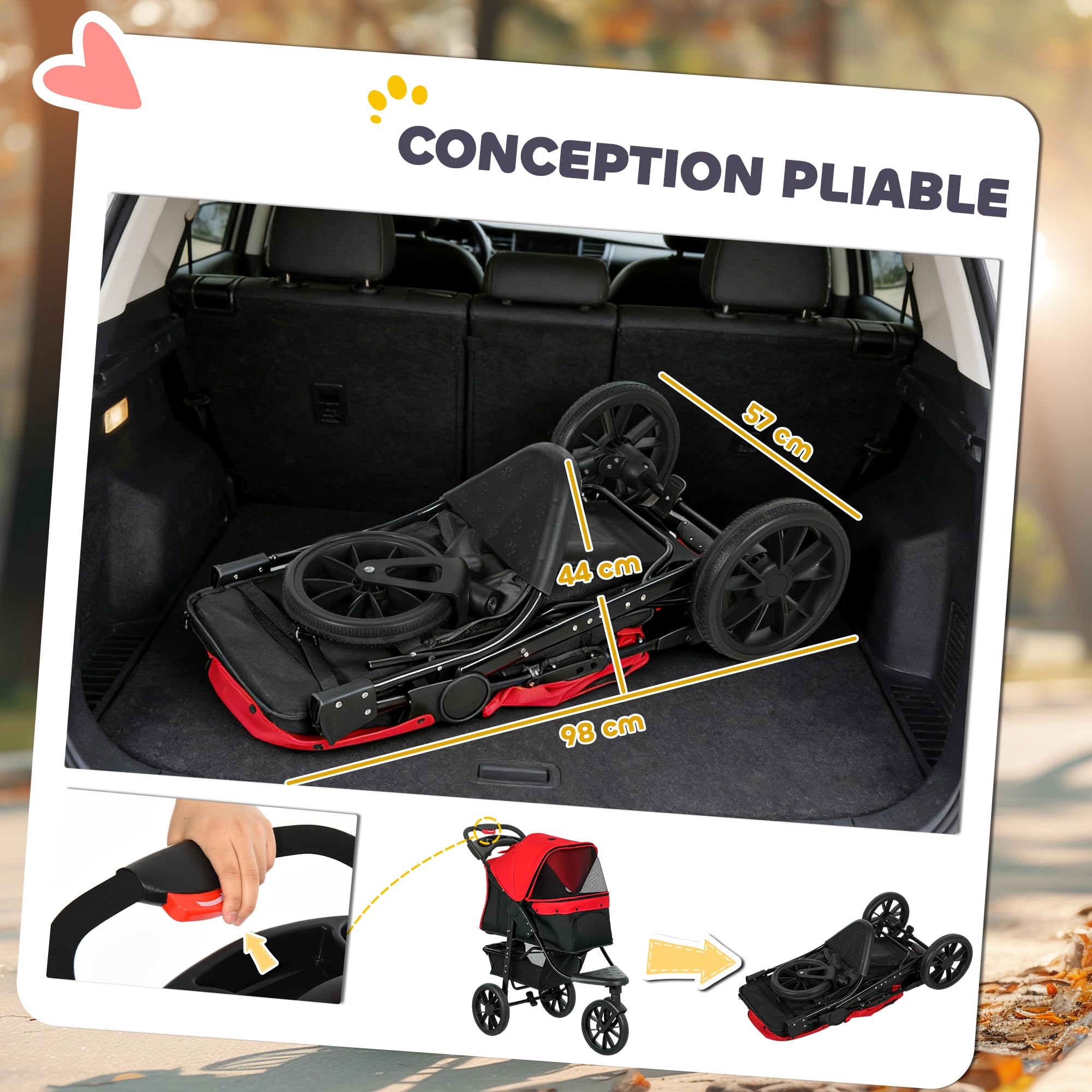 PawHut Poussette pour Chien Pliable 3 Roues Tout-Terrain 25kg - Grande Roue 12" Antichoc et Légère - Chariot Animaux avec Ouverture Arrière pour Petit Chien et Chiens Âgés de Moins de 10kg, Rouge