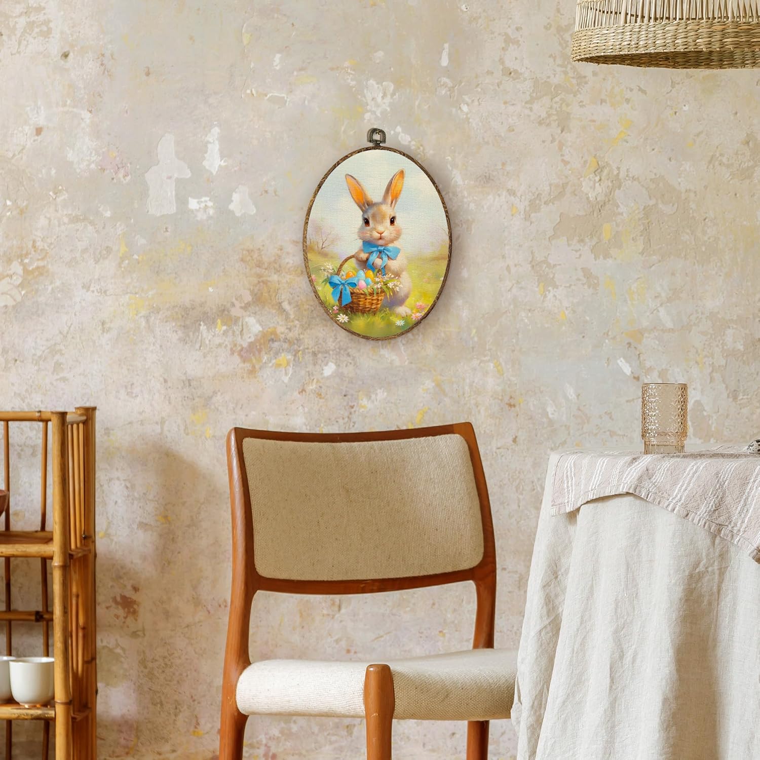 Lengues Easter Bunny Eggs Oval Wall Art Decor, Easter Oval Hanging Wall Decor, Rustic Bunny Canvas Framed Art Prints, Farmhouse Rabbit Bow Hanging Frame for Home Room Decorations 8.5x11.5 Inch