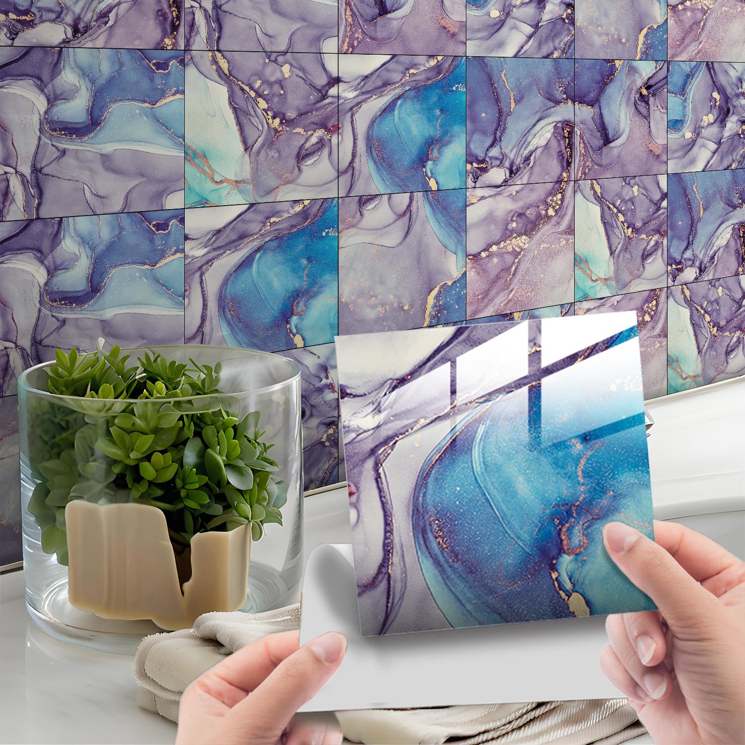 HORIWE Tile Stickers Marble Adhesive Tile Art Wall Decal Sticker DIY Kitchen Bathroom Backsplash Home Decor PVC Waterproof Oil Proof New 4x4 Inches 20pc