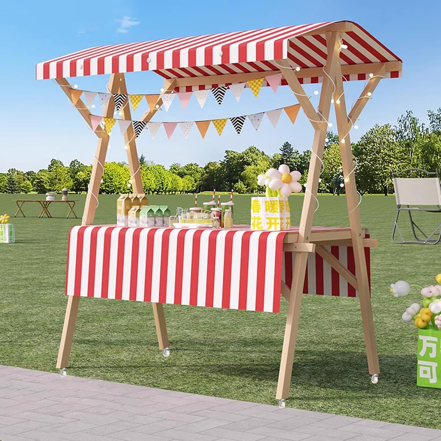 Puesto de Venta Plegable Carro Móvil de Venta Ambulante de Comida, Remolque para Hot Dogs, Quiosco de Comida Concesionaria, Vagón de Madera Portátil para Dulces(Red,Width 150cm(59"))
