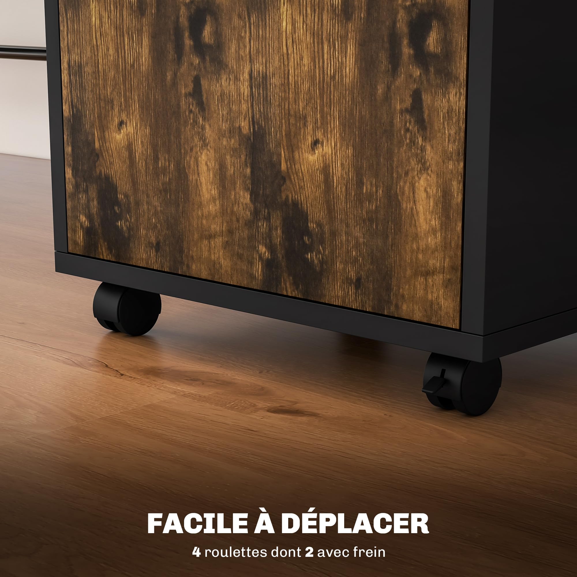 HOMCOM Caisson de bureau rangement bureau sur roulettes tiroir placard niche panneaux particules brun rustique