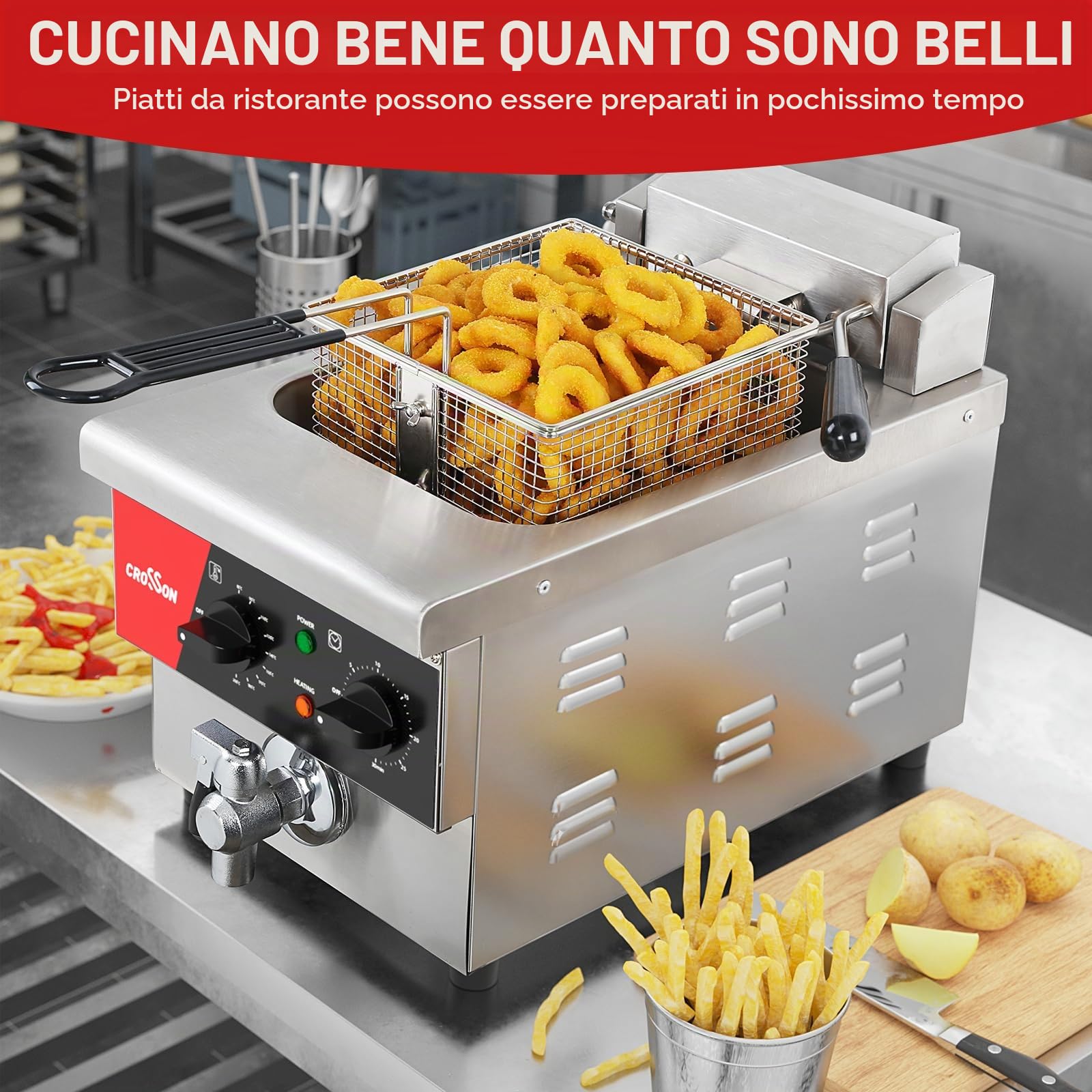 CROSSON Friggitrice Commerciale 6 Litri,Friggitrice Elettrica ad Olio da Inox 3000W con Coperchio,con Rubinetto di Scarico,Controllo Tempo e Temperatura 80-200°C,per Cucina Ristorante