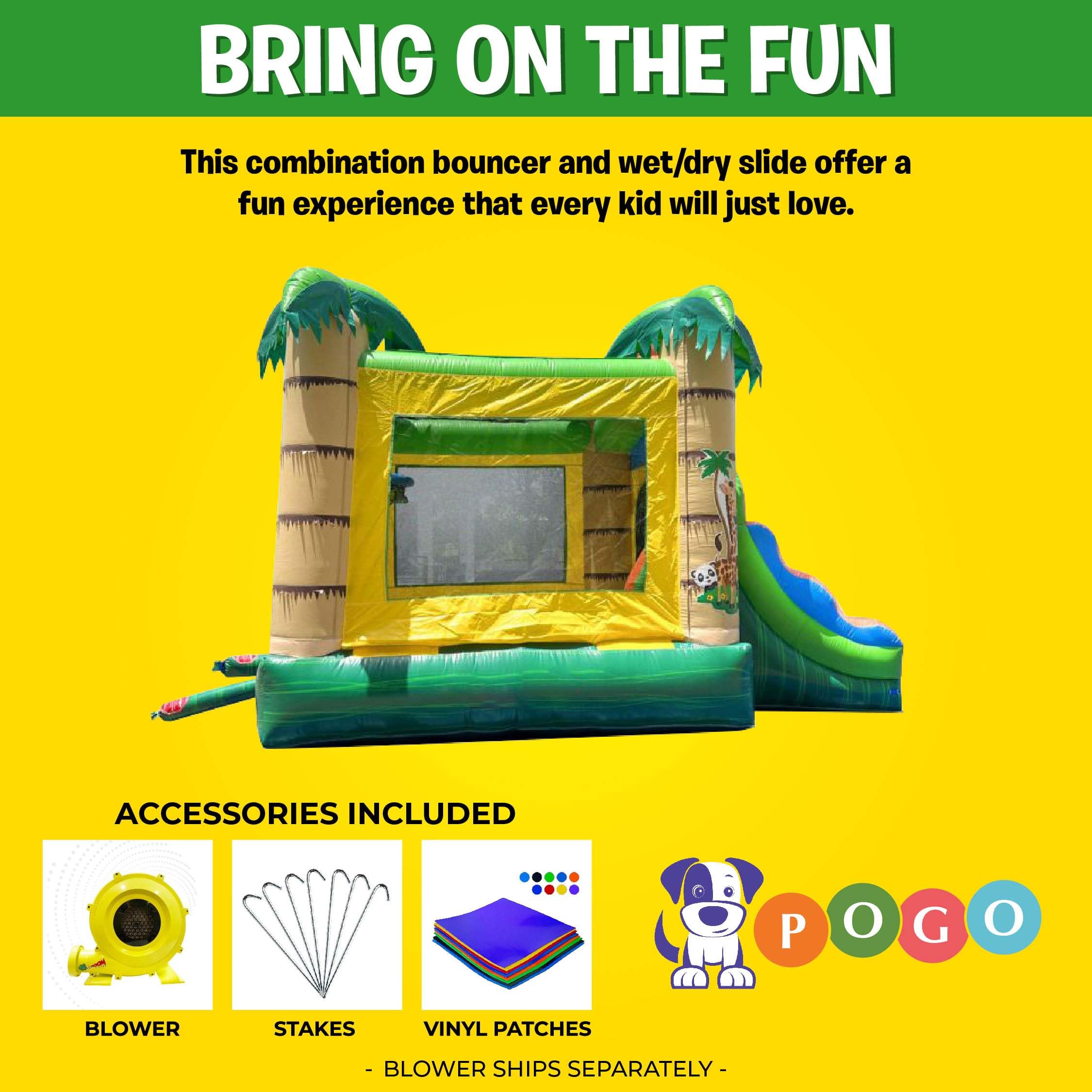 Inflatable Bounce House with Slide for Kids 12 x 12 x 18 Foot - Backyard Tropical Jungle Castle Smiley Face Combo Bouncer, Outdoor Toys, Jumpers for Kids - Includes: Blower, Stakes, and Storage Bag