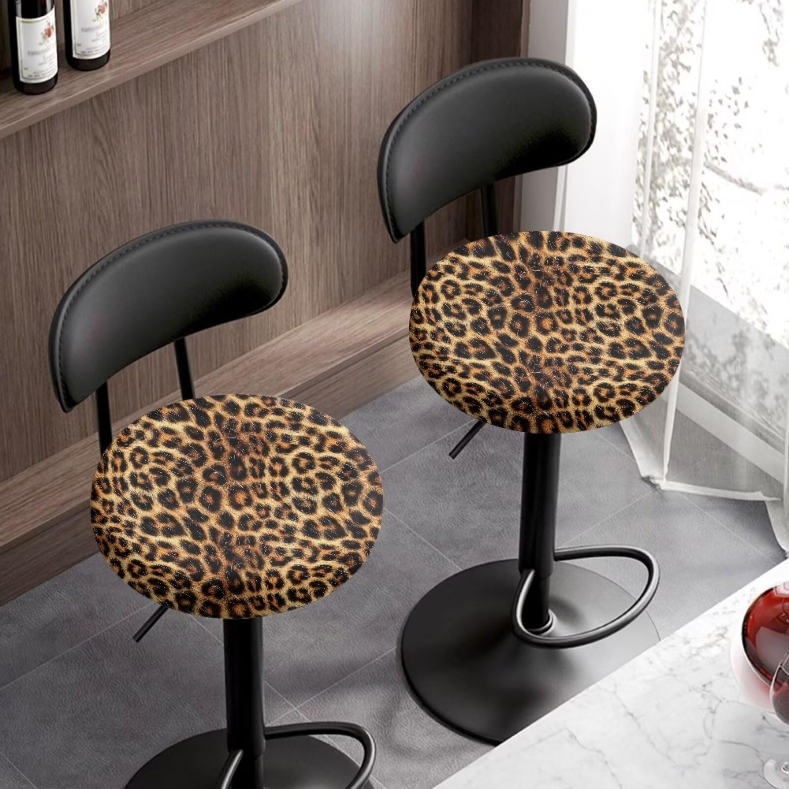 Wanyint Brown Leopard Fur Print Stool Covers Round 13-15 Inch 2 Pack Stretch Bar Stool Slipcovers Washable Saddle Stool Seat Covers Stool Slipcovers - Image 3