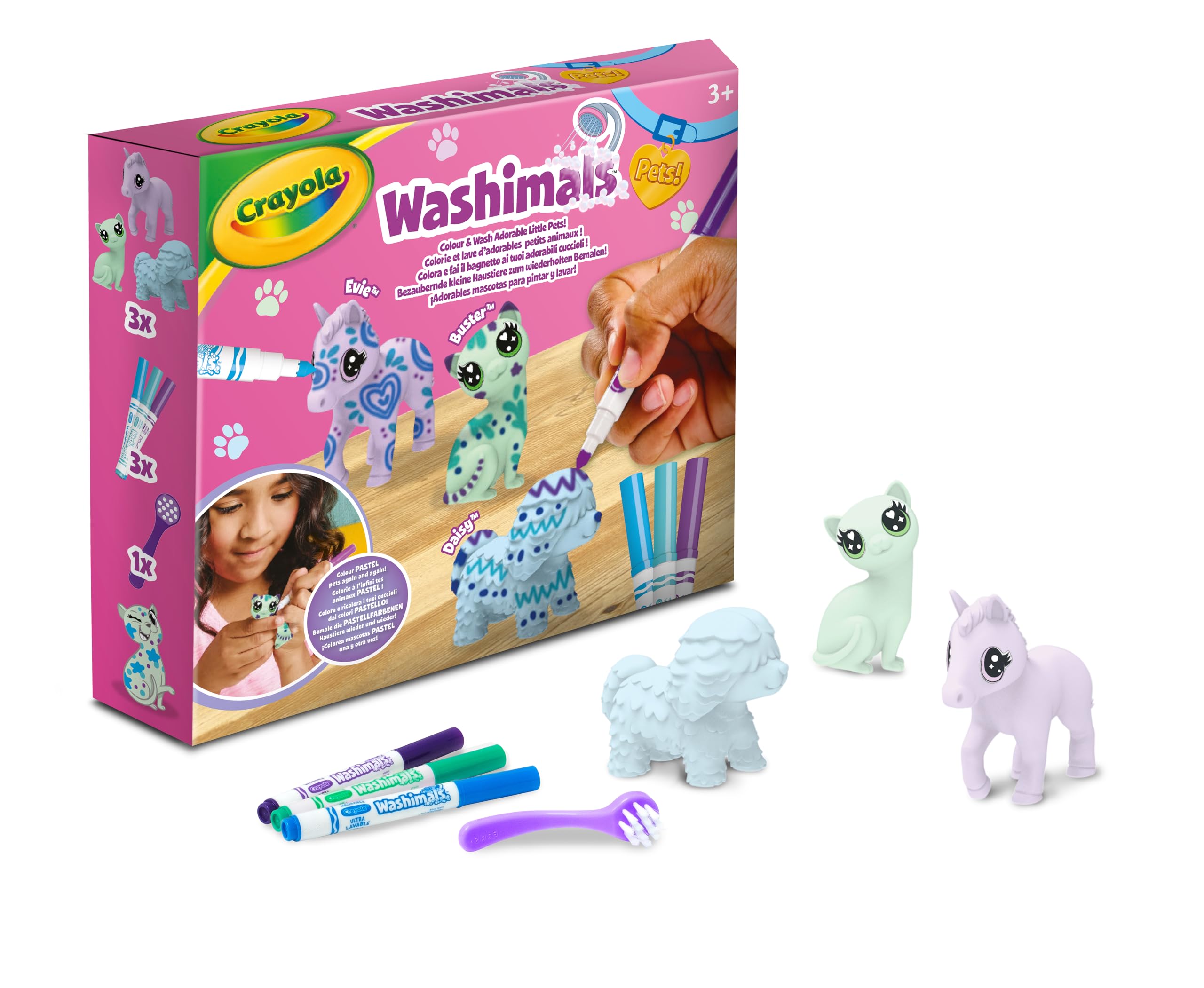 CRAYOLA - Washimals Pets, Juego de Recambio con 3 Cachorros de Color Pastel, 3 Rotuladores Lavables y Cepillo, Juego y Regalo para Niños, a partir de 3 años, 74-7511