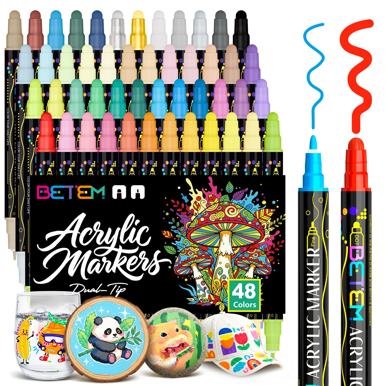 Betem 60 Farben Acrylstifte mit Doppelspitze, Hochwertige Acrylmarker für Stein, Holz, Leinwand, Felsmalerei, Glas, Keramik Wasserfest, Ostereier, Christmas Acrylstifte Set für Basteln Kunstbedarf