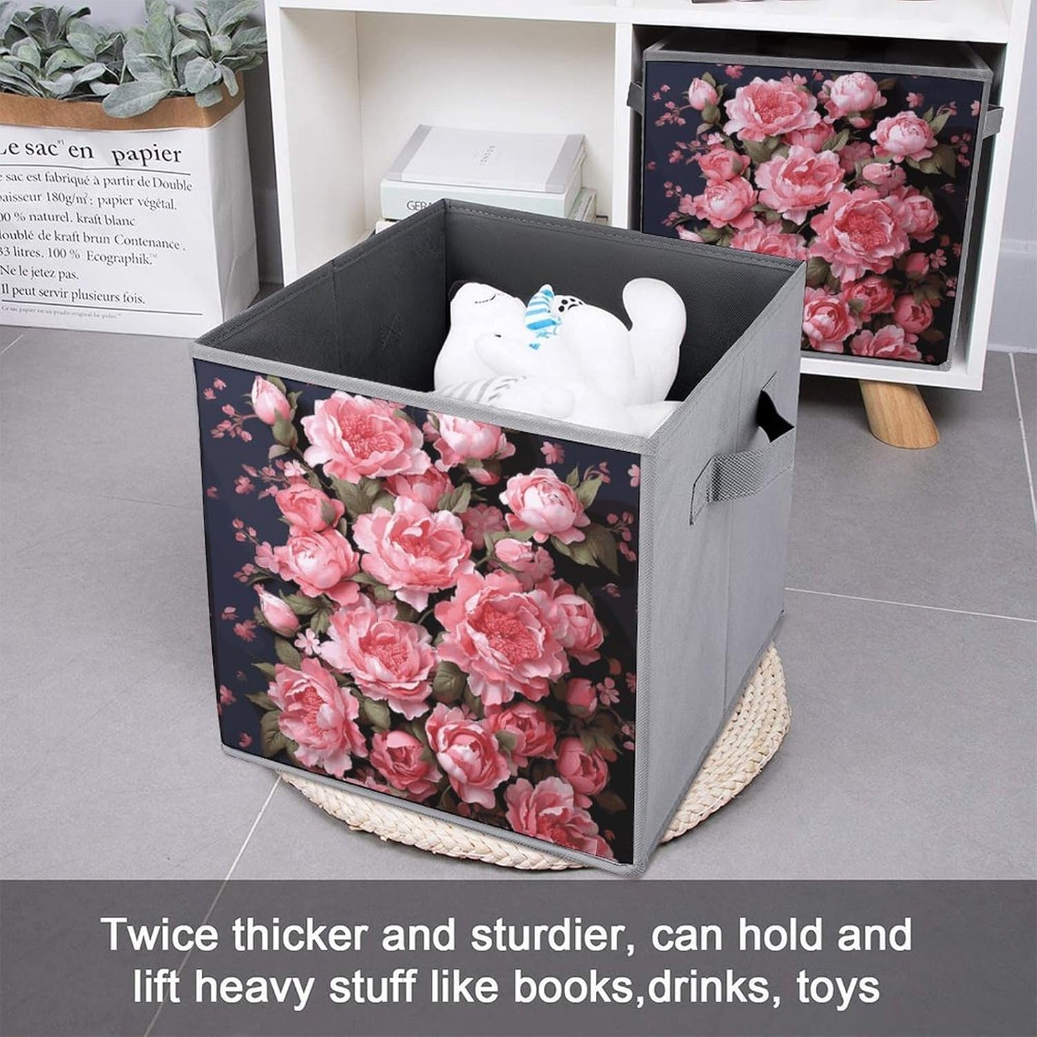 Peony Flowers Storage Cubes Set of 6 Storage Bins with Handles Collapsible Storage Basket Fabric Storage Box for Shelves Large Closet Shelf Organizer for Organization 11 Inch