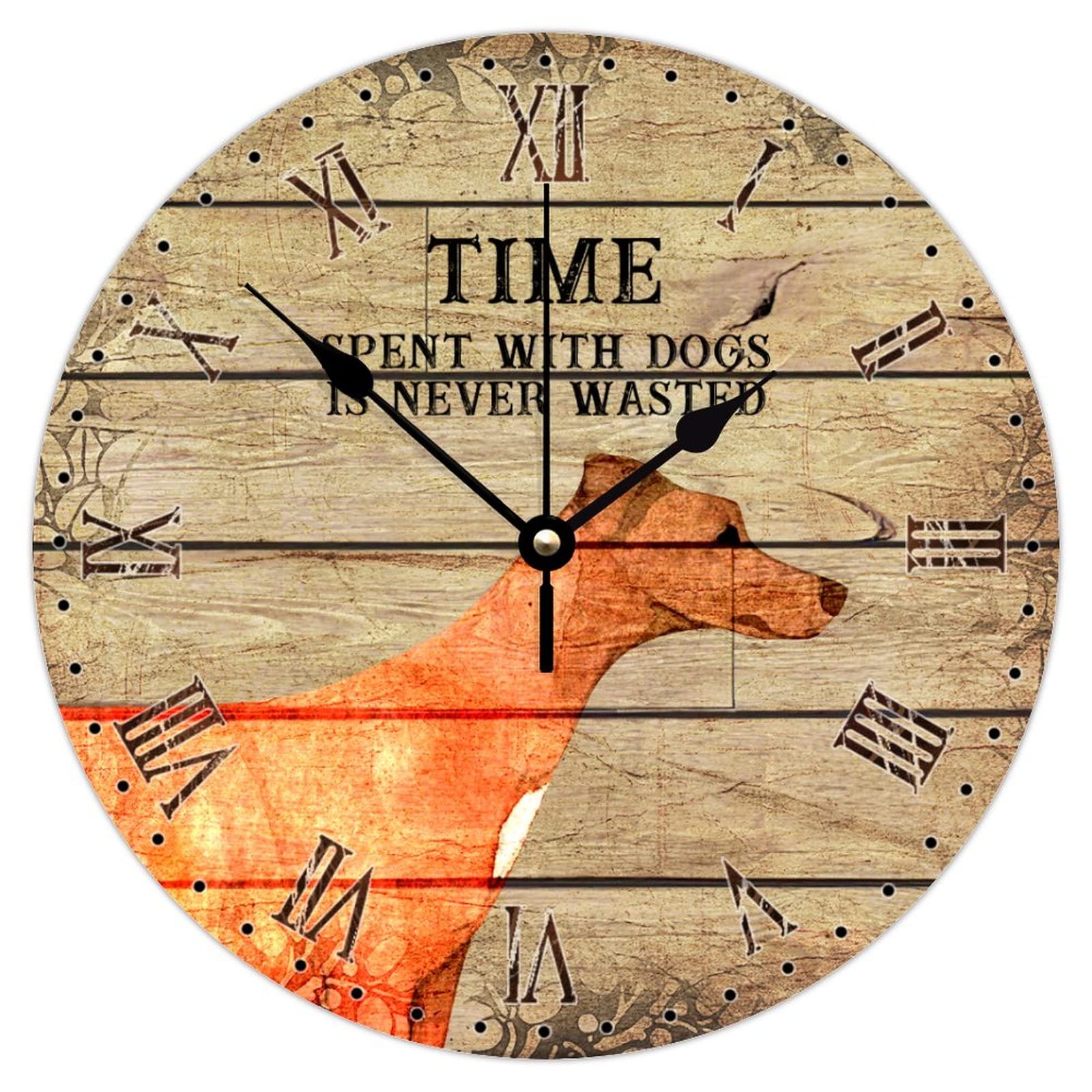 Funlucy Rhodesian Ridgeback Dog Dog Wall Clock Roman Numerals Design Time Spent with Dogs Is Never Wasted Round Wall Clock for Living Room Bathroom Home Wall Decor,12 X 12 Inch