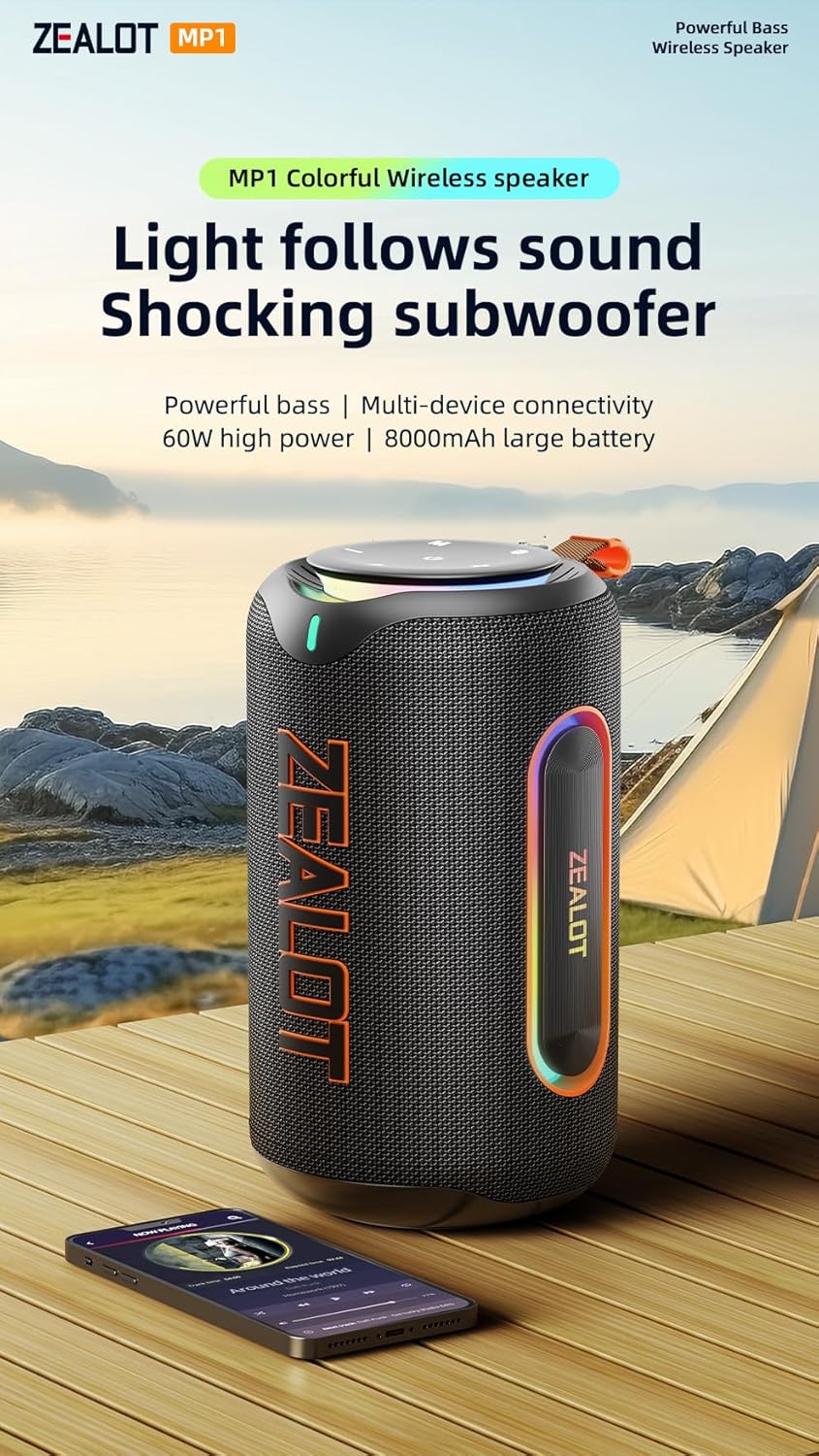 ZEALOT MP1 speaker being splashed with water, demonstrating its IPX6 waterproof rating.