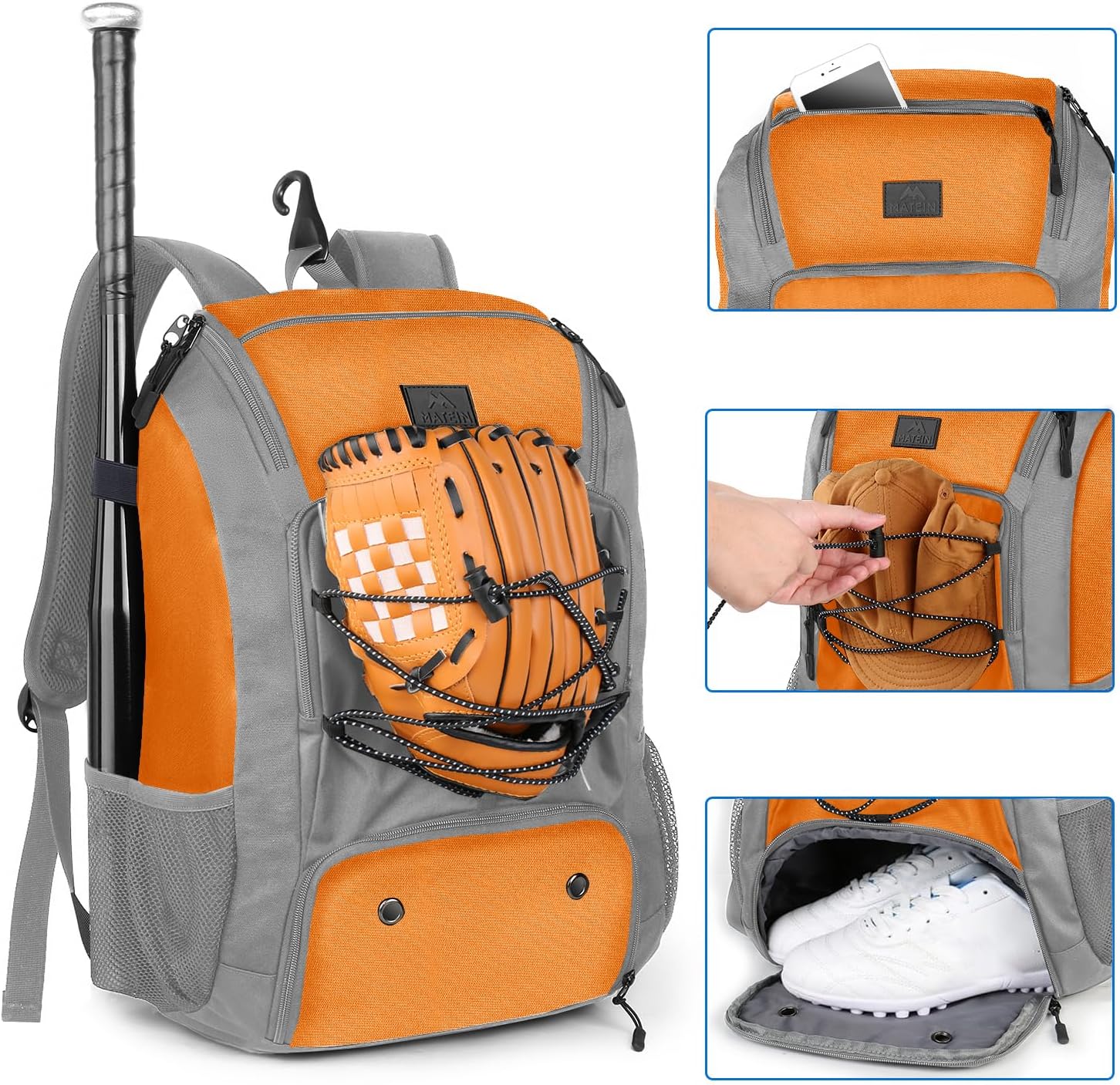 MATEIN Baseball Backpack, Softball Bat Bag with Shoes Compartment for Youth, Boys and Adult, Lightweight Baseball Bag with Fence Hook Hold TBall Bat, Batting Mitten, Helmet, Caps, Teeball Gear