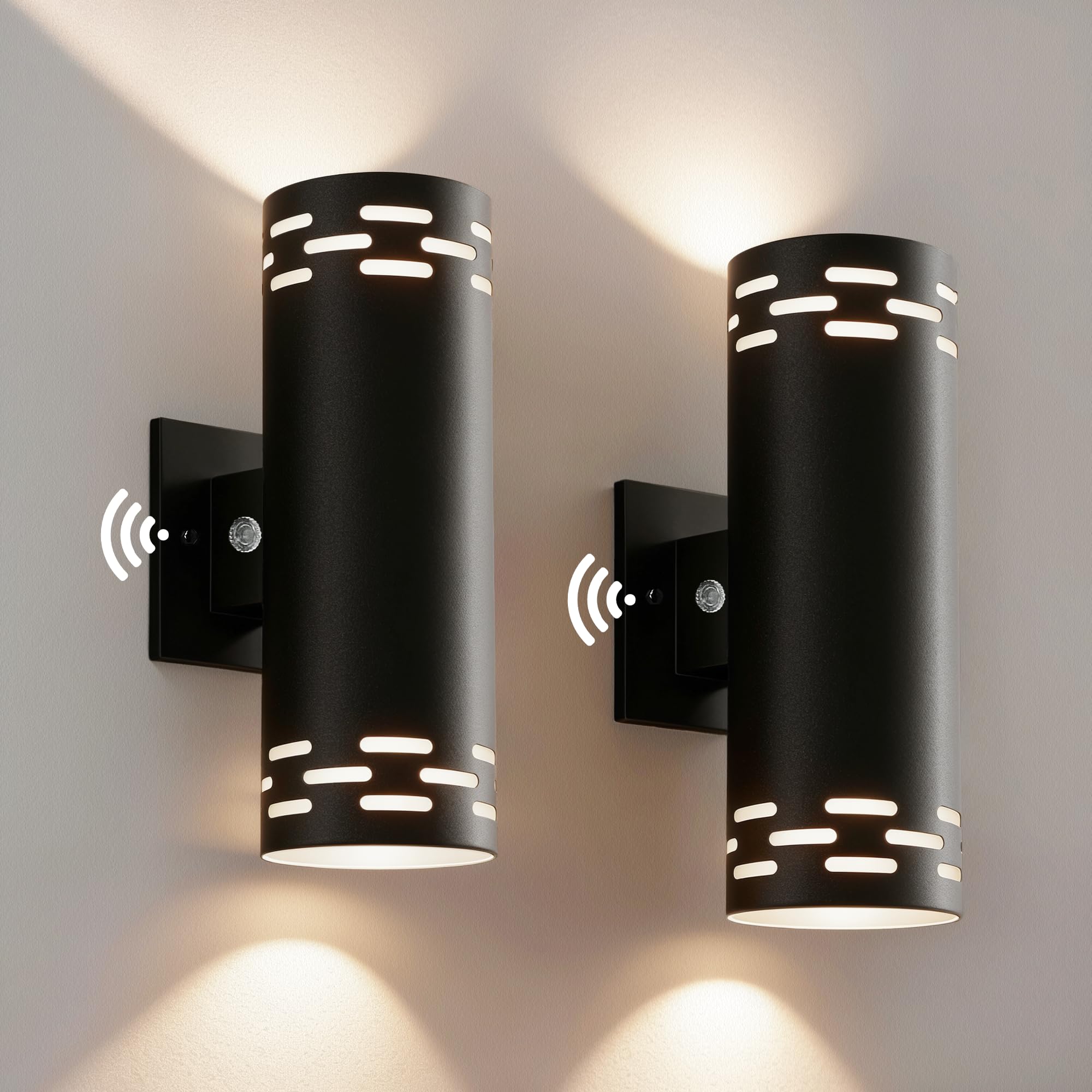 JYV 12'' Cylinder Modern Dusk to Dawn Outdoor Wall Lights, Black 2Pack | Up and Down Exterior Lighting Fixtures, 23W 3000K Warm White, IP65 Waterproof Wall Sconces for Porch, House, Garage, Patio