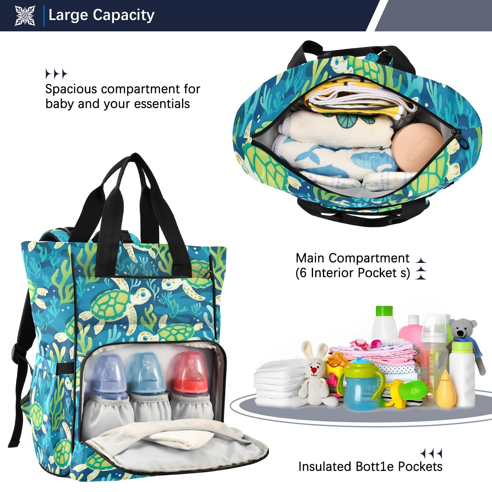 Mnsruu Green Turtles Seaweed Baby Diaper Bag Zaino Grande Borsa Impermeabile Viaggio Pannolino Borse per Mamme e Papà