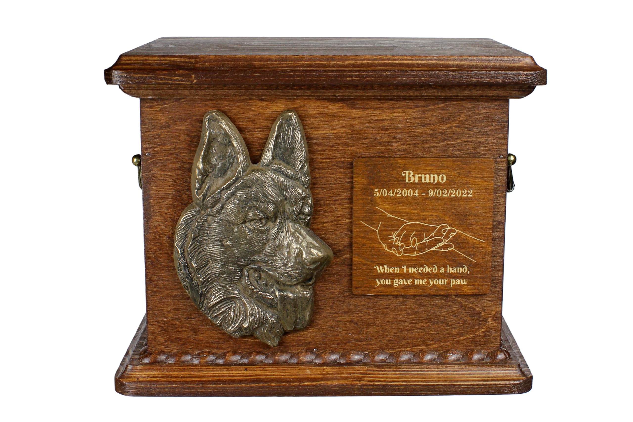 Art-Dog Urn for Dog Ashes - Handmade Memorial with Relief, Personalized Engraving, and Cold Cast Bronze Bust – Custom Pet Memorial Urn – 8.3x11.4x8.7” – German Shepherd I