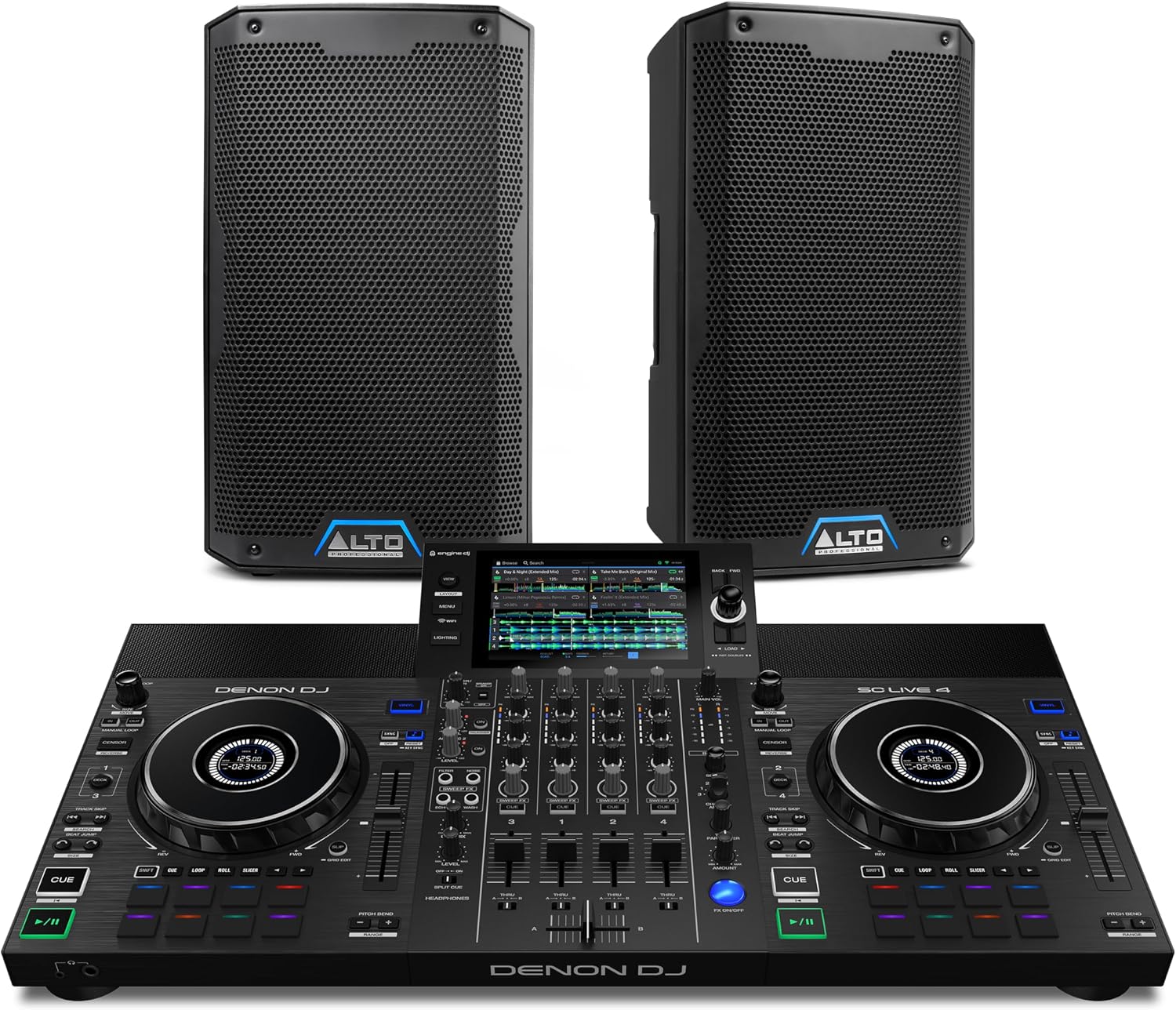 Denon DJ SC Live 4 DJ Controller and ALTO TS408 Powered PA Speakers Pair for Live Music, DJ sets, Events, Music production