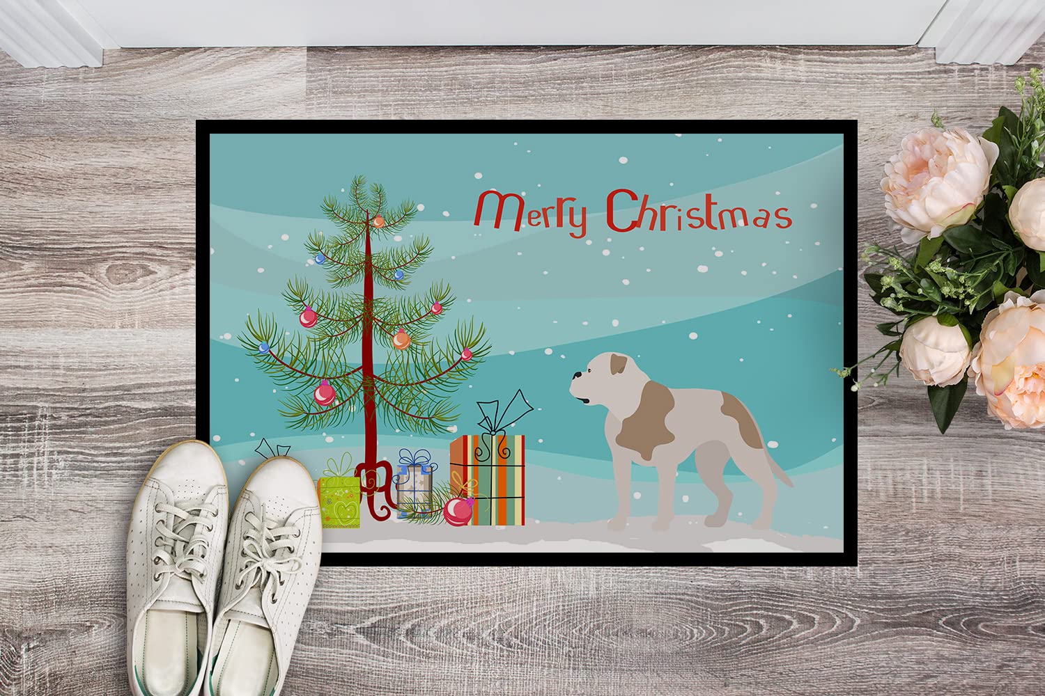 Caroline's Treasures BB8510MAT American Bulldog Christmas Doormat 18x27 Front Door Mat Indoor Outdoor Rugs for Entryway, Non Slip Washable Low Pile, 18H X 27W
