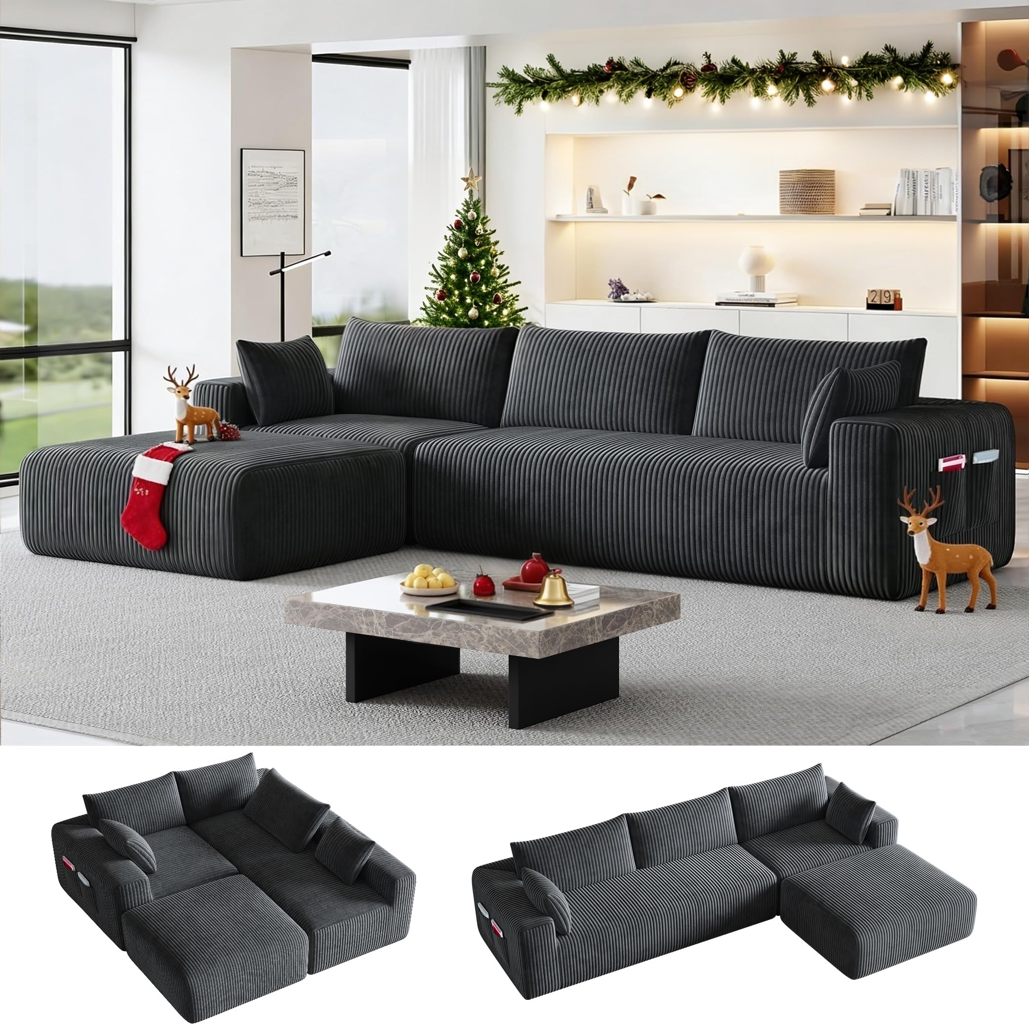 108”Modern Modular L-Shape Couch with Chaise, Modular Sectional Couches for Living Room, Deep Seat Boneless Sofa Bed, No Assembly Required Sleeper Sofa, Plush Corduroy Fabric, Dark Gray