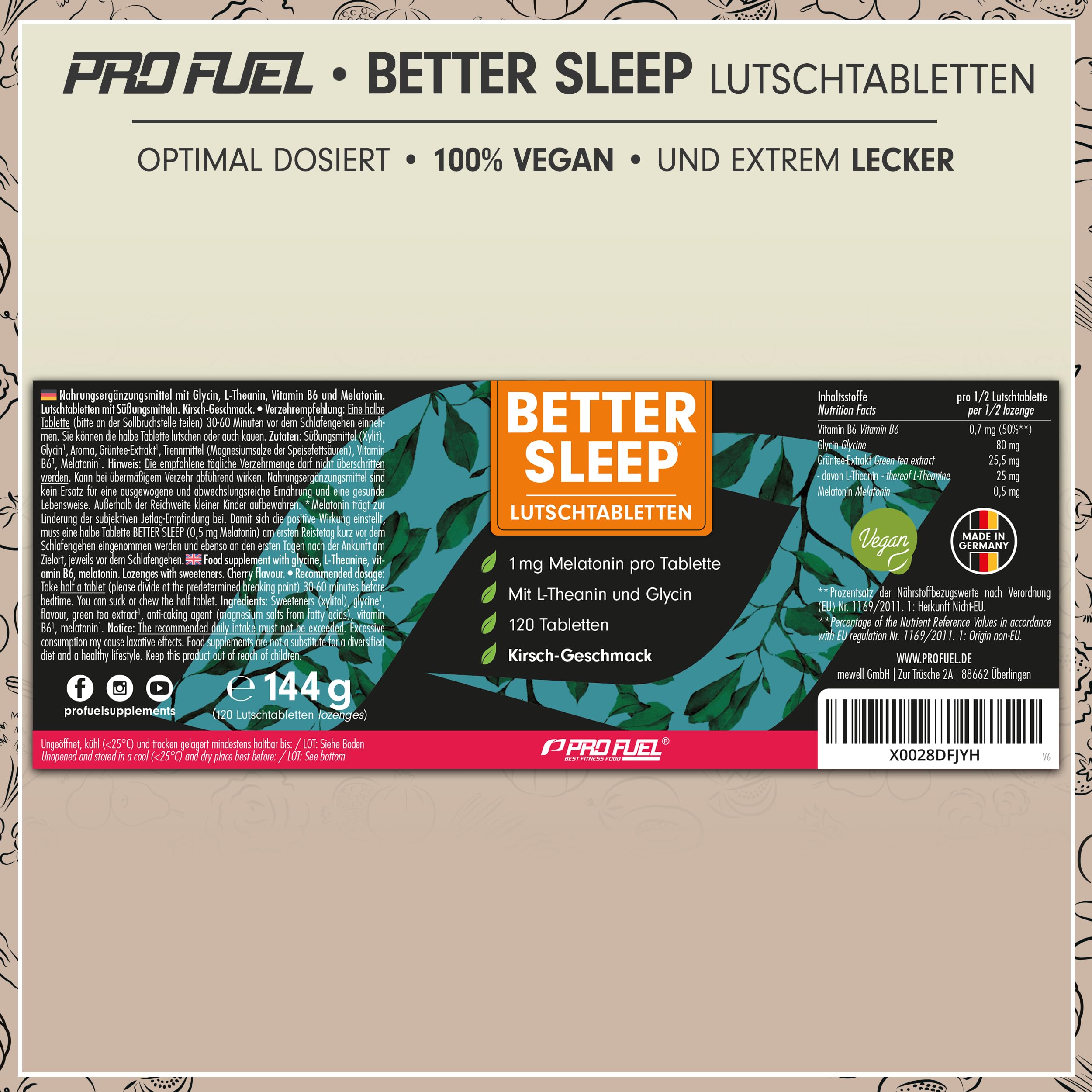 Melatonin Lutschtabletten 120x - leckerer Kirsch-Geschmack - optimal hochdosiert - mit bioaktivem Melatonin, L-Theanin, Glycin und Vitamin B6 - zuckerfrei gesüßt, 100% vegan - Vorrat für 8 Monate