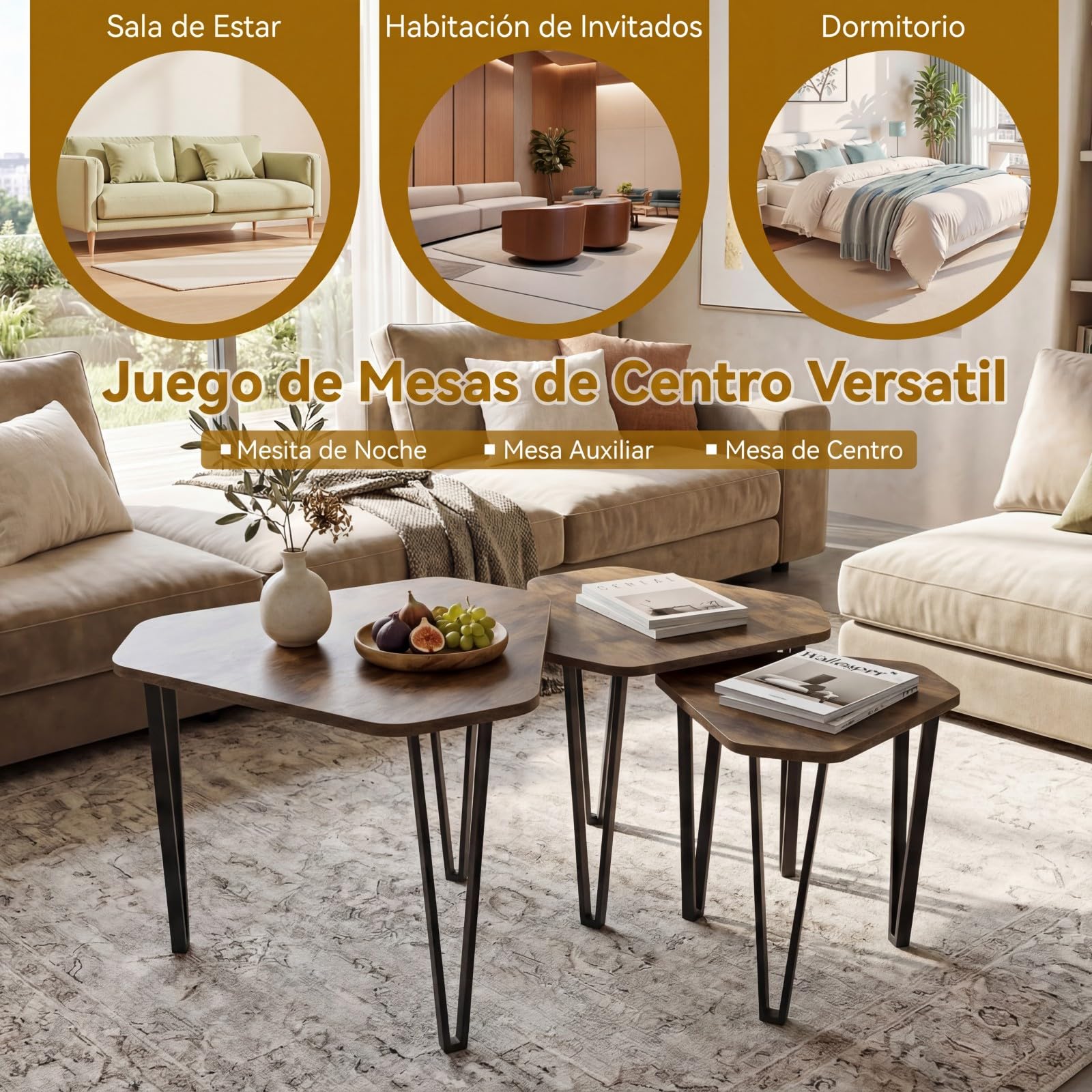 COSTWAY Juego de 3 Mesas de Centro Nido, Mesas Auxiliares Apilables con 3 Tamaños, Estructura de Metal, Muebles Industriales para Salón Dormitorio Oficina
