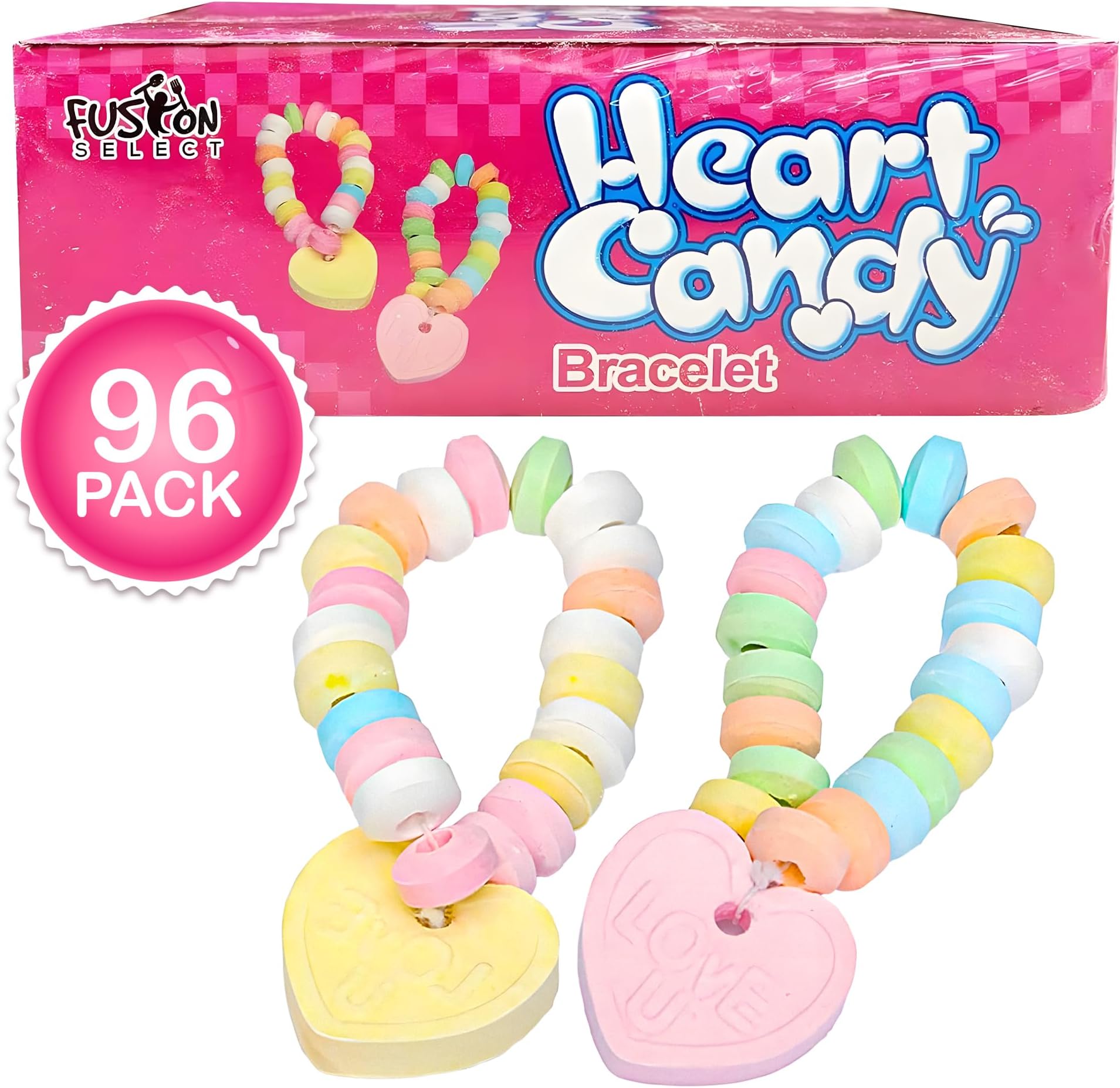 Fusion Select 96 Packs Color Candy Bracelet - Edible Candy Jewelry with Love Heart Charm - Sweet Treats for Kids Birthday, Party Favors, Pinata Filling - Individually Wrapped Fruit Flavor Snacks