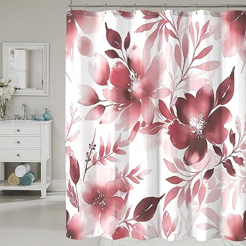 Floral Shower Curtain, Red Watercolor Flower Shower Curtains for Bathroom, Modern Minimalist Waterproof Fabric Bath Decoration 72x72 Inch