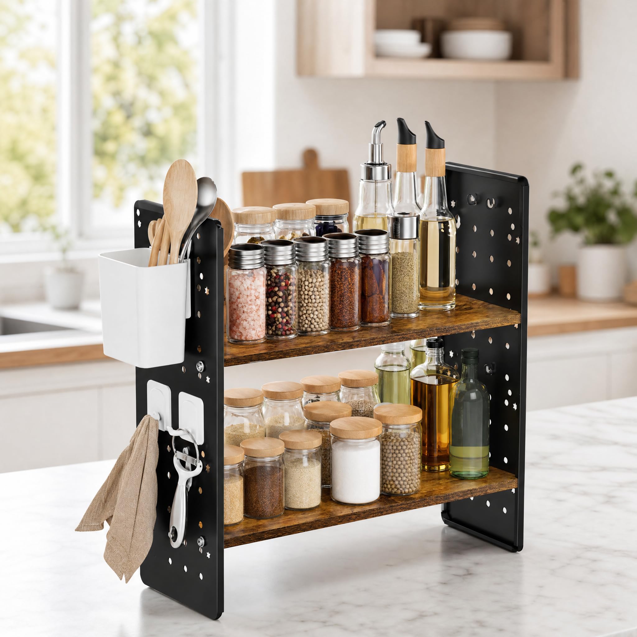 anrekl KüChen Organizer Regal mit 2 Ebenen, Schreibtisch Regal mit Abs-Haken und Aufbewahrungsboxen, Kleines KüChenregal für KüChe, Esszimmer, BüRo, KüChenregal Schwarz, 40×15×40cm Küche, Haushalt & Wohnen