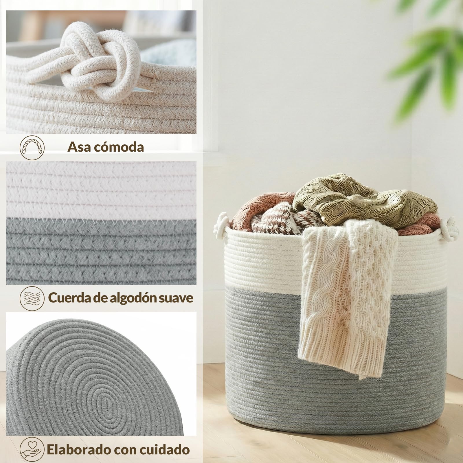 COSYLAND Cesto de Ropa Sucia de Cuerda de Algodón D50 x H35 cm – Cesta para la Ropa Sucia con Asas – Cesto Plegable para Mantas, Juguetes y Lavandería – Blanco Crema y Gris Claro