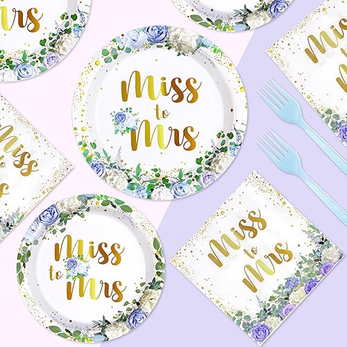 Miniatura 5 de 96 piezas de decoraciones de despedida de soltera de Miss to Mrs - Juego de platos y servilletas, platos de papel florales desechables para parejas,