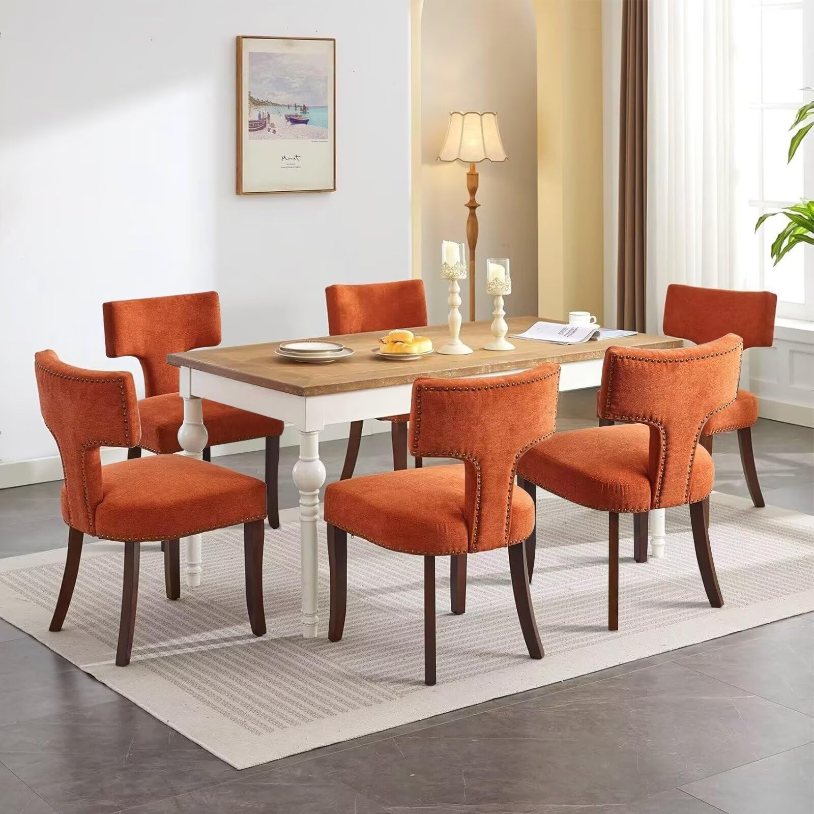 LKTART Mid Century Modern Dining Chair Set of 6, Linen Upholstered Kitchen Chairs with Solid Wood Legs and Curved Backrest, Farmhouse Chairs with