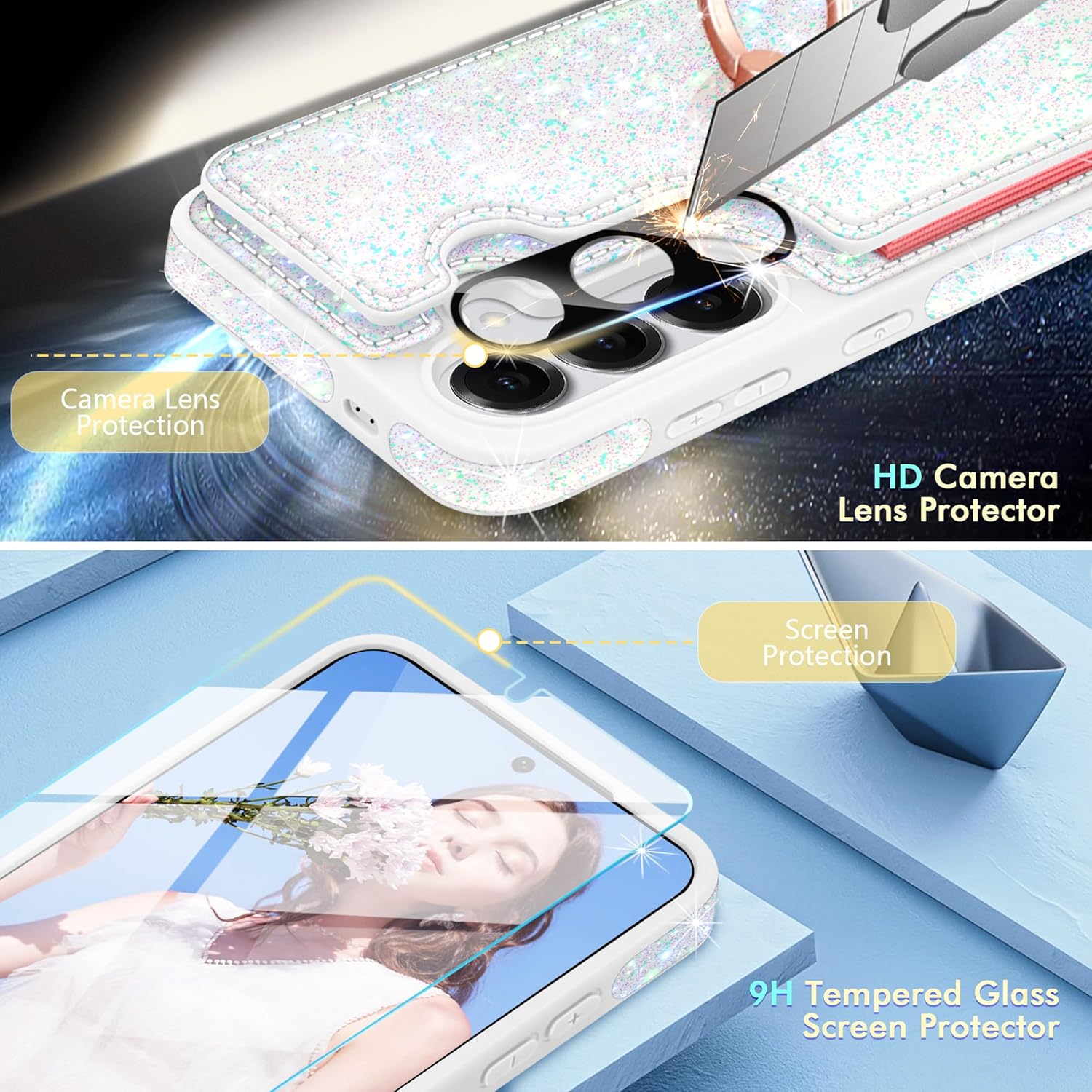 Wallet Case Compatible with Samsung Galaxy S25 Case,with[Screen Protector + Camera Lens Protector]Glitter Flip Case with 5 Card Holder 360°Rotation Ring Stand Shockproof Cover,6.2 Inch,White