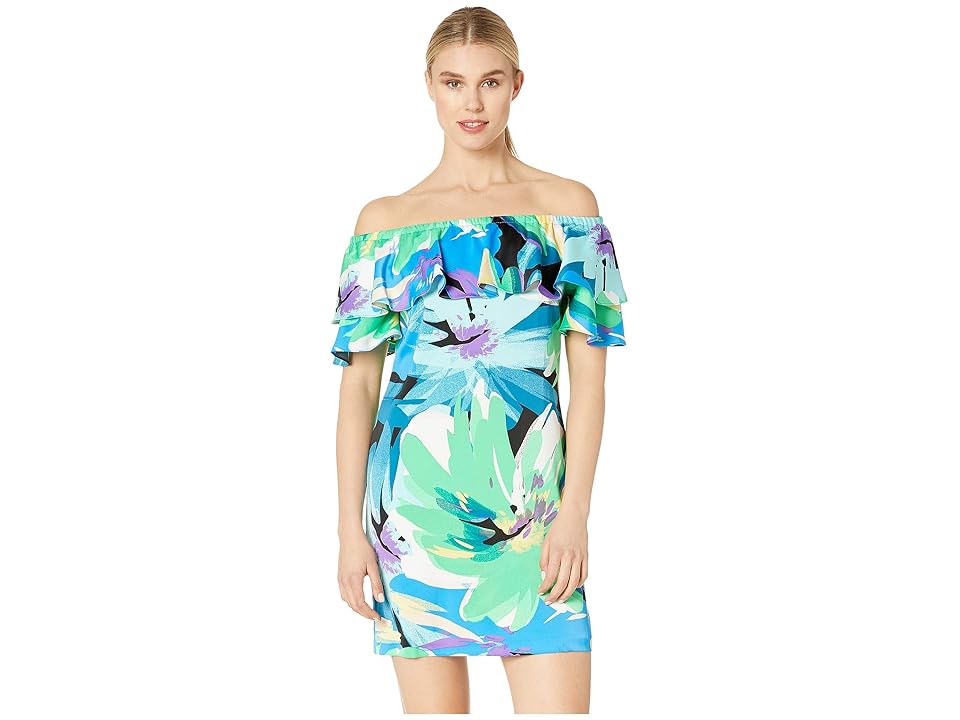 

London Times Off the Shoulder Ruffle Shift Dress (Black/Green) Women's Dress