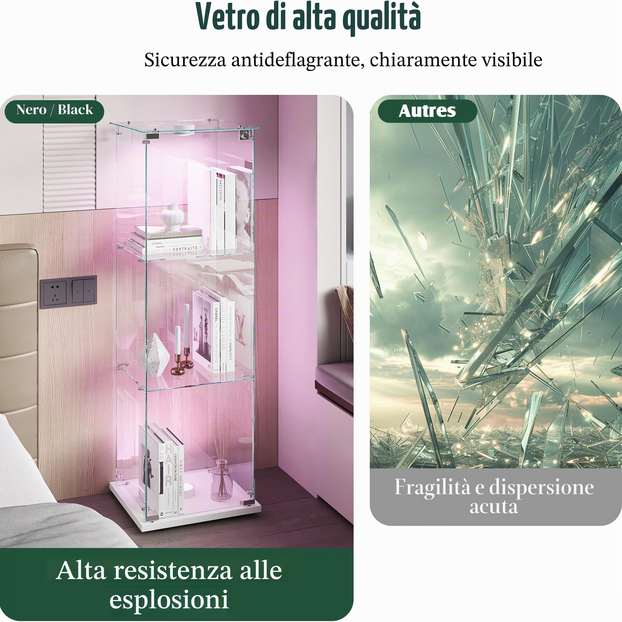 Vetrinetta Da Parete, Vetrina espositiva 3 tier con LED, vetrina in vetro temperato, mobile vetrina per collezioni modellini vino gioielli, armadio espositivo soggiorno, nero, 42 x 36 x 125 cm