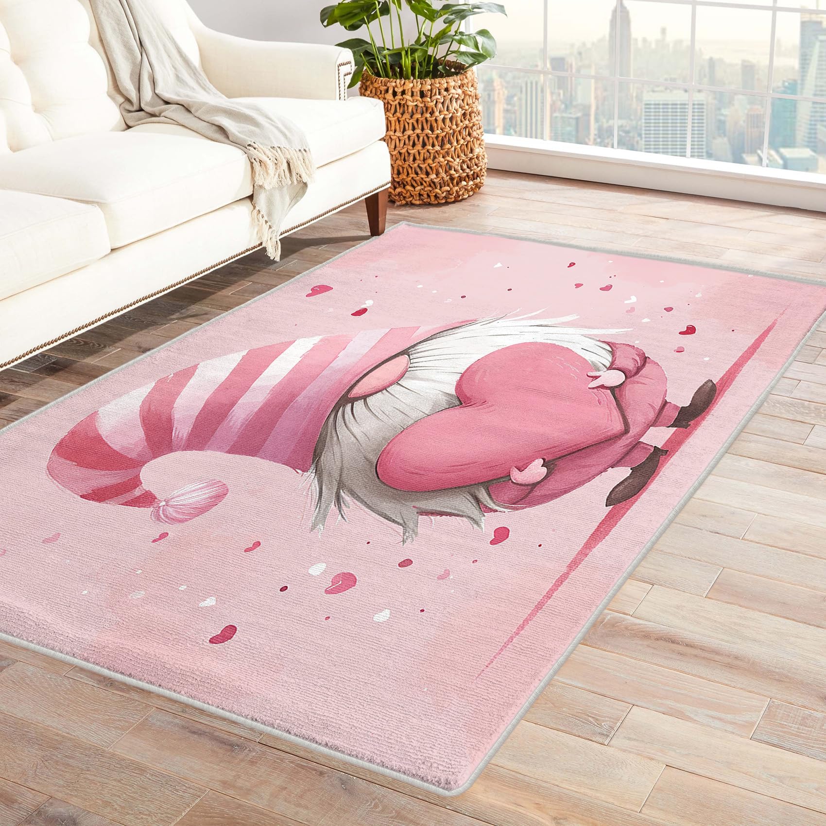 Kids Love Heart Rugs - Pink Love Heart Rug, Cute Gnomes Rugs for Living Room Bedroom, Washable Non Slip Soft Large Carpet, Patterned Area Rugs & Home Decor 140x200 cm